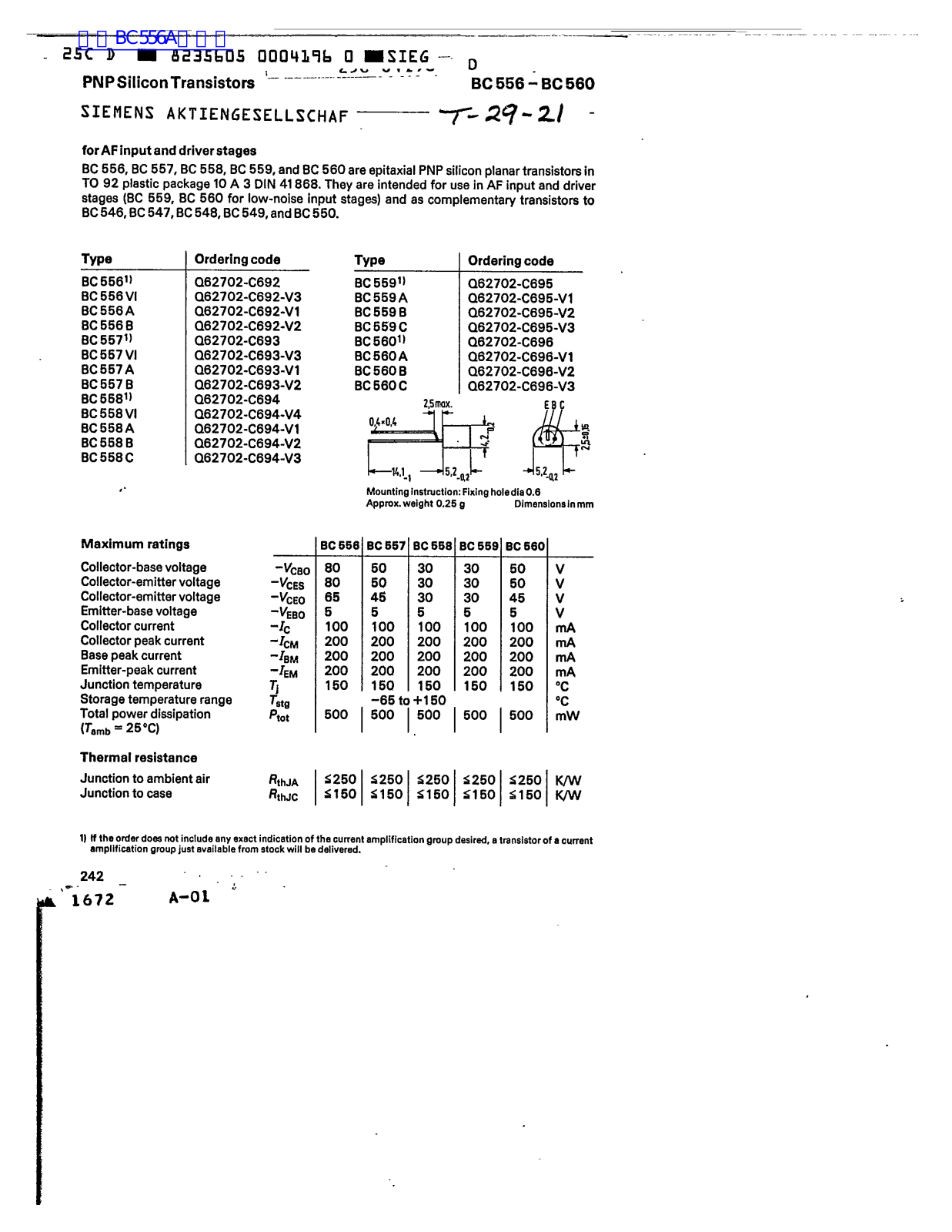 Siemens BC 556, BC 560 Technical data