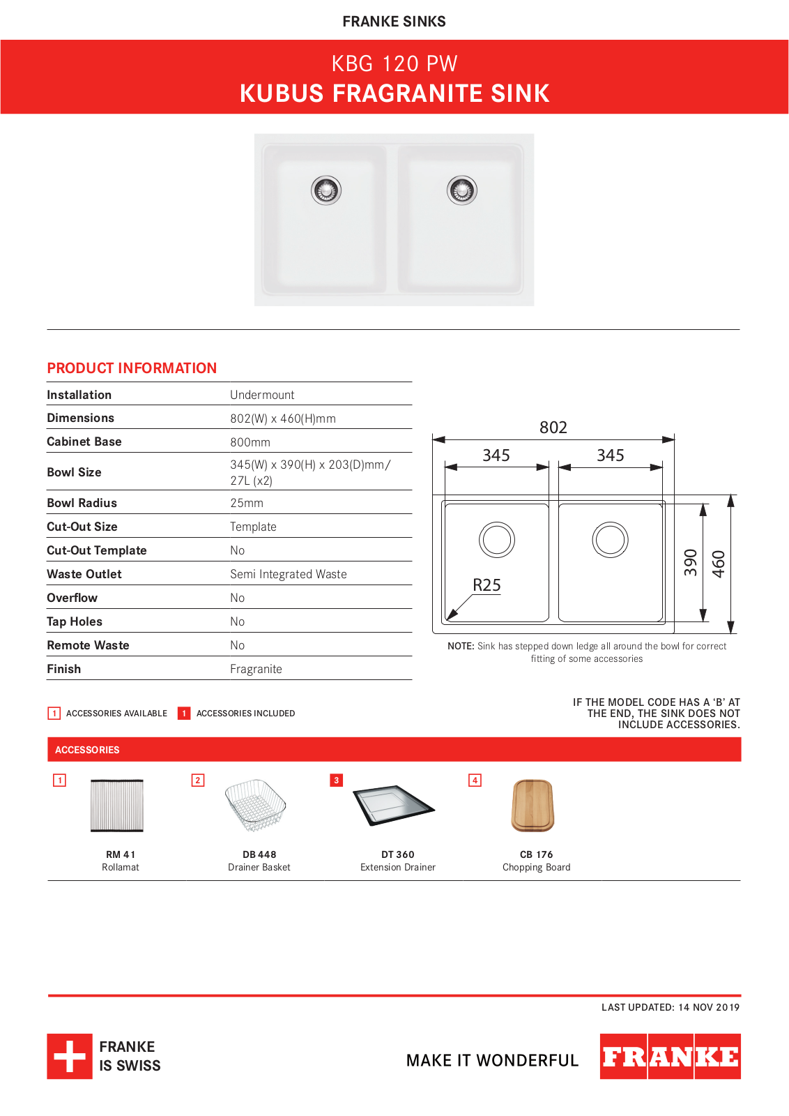 Franke KBG120BPW, KBG120PW Specifications Sheet