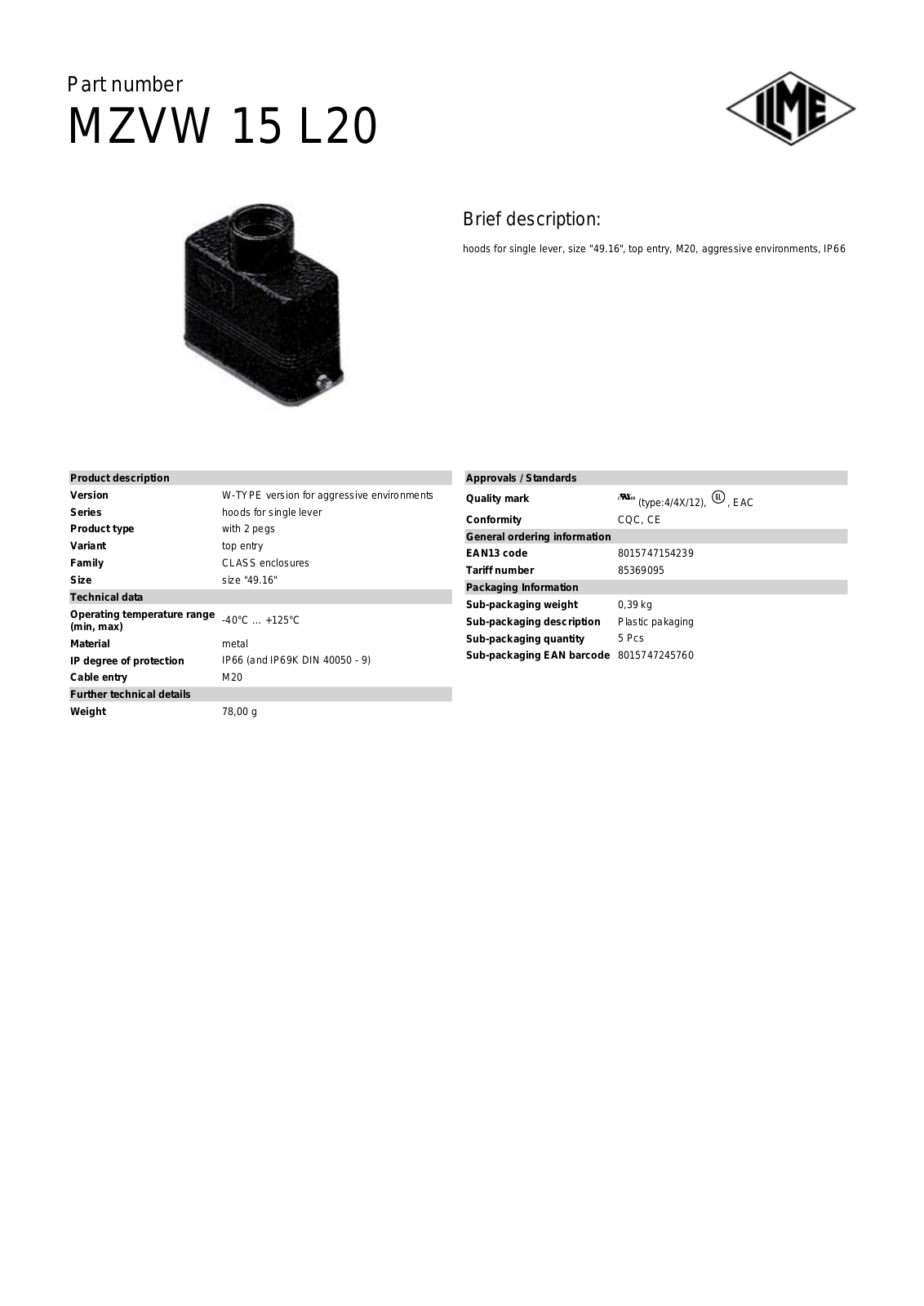 ILME MZVW-15L20 Data Sheet