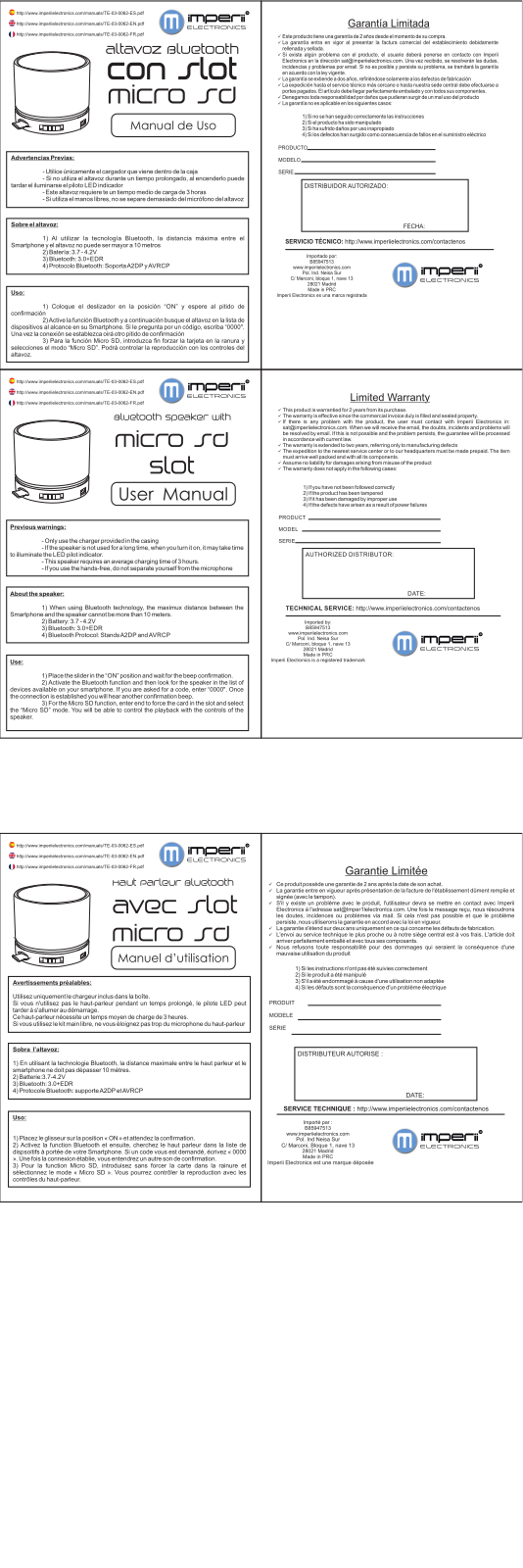 imperii Bluetooth Speaker with Micro SD Slot User Manual