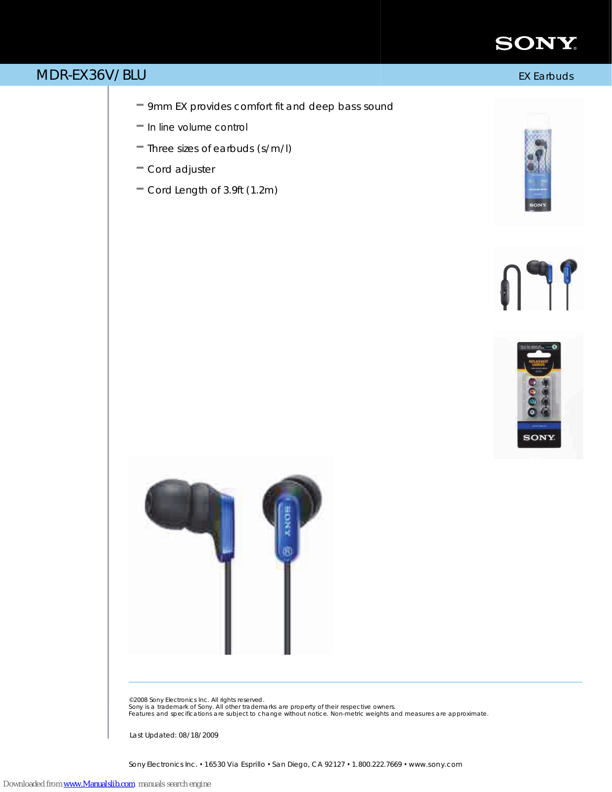 Sony MDR-EX36V/BLU, MDR-EX36V, MDR-EX36BLU Features