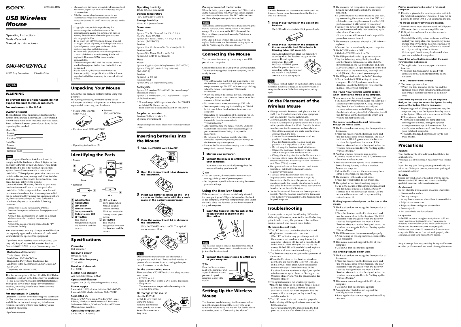 Sony WCM2 WCL2 Users Manual