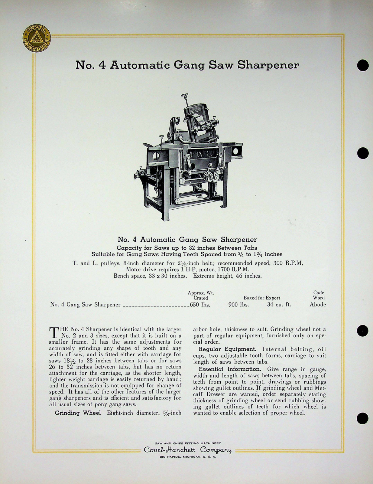 Covel Manufacturing No. 4 Automatic Gang Saw Sharpener Other - ManualMachine.com