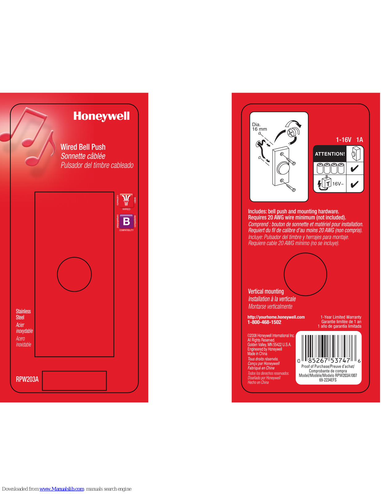 Honeywell RPW203A Mounting Instruction