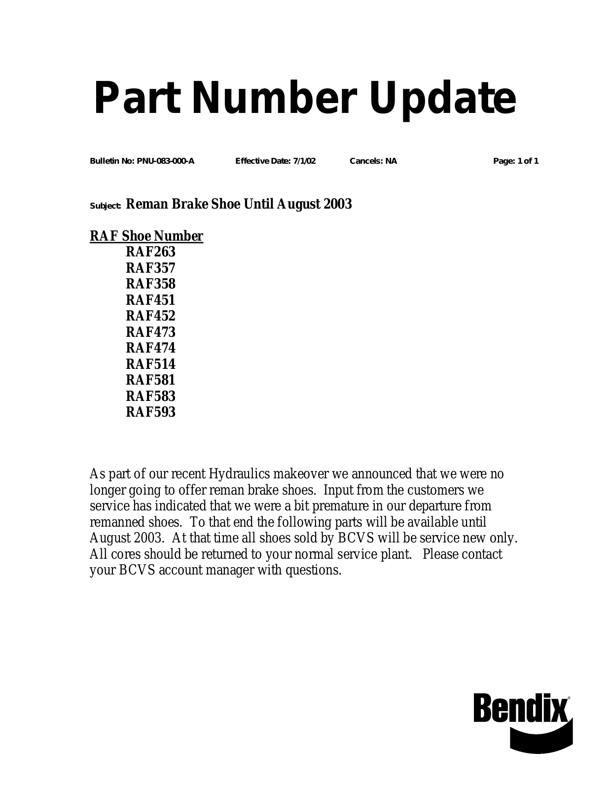 BENDIX PNU-083 User Manual