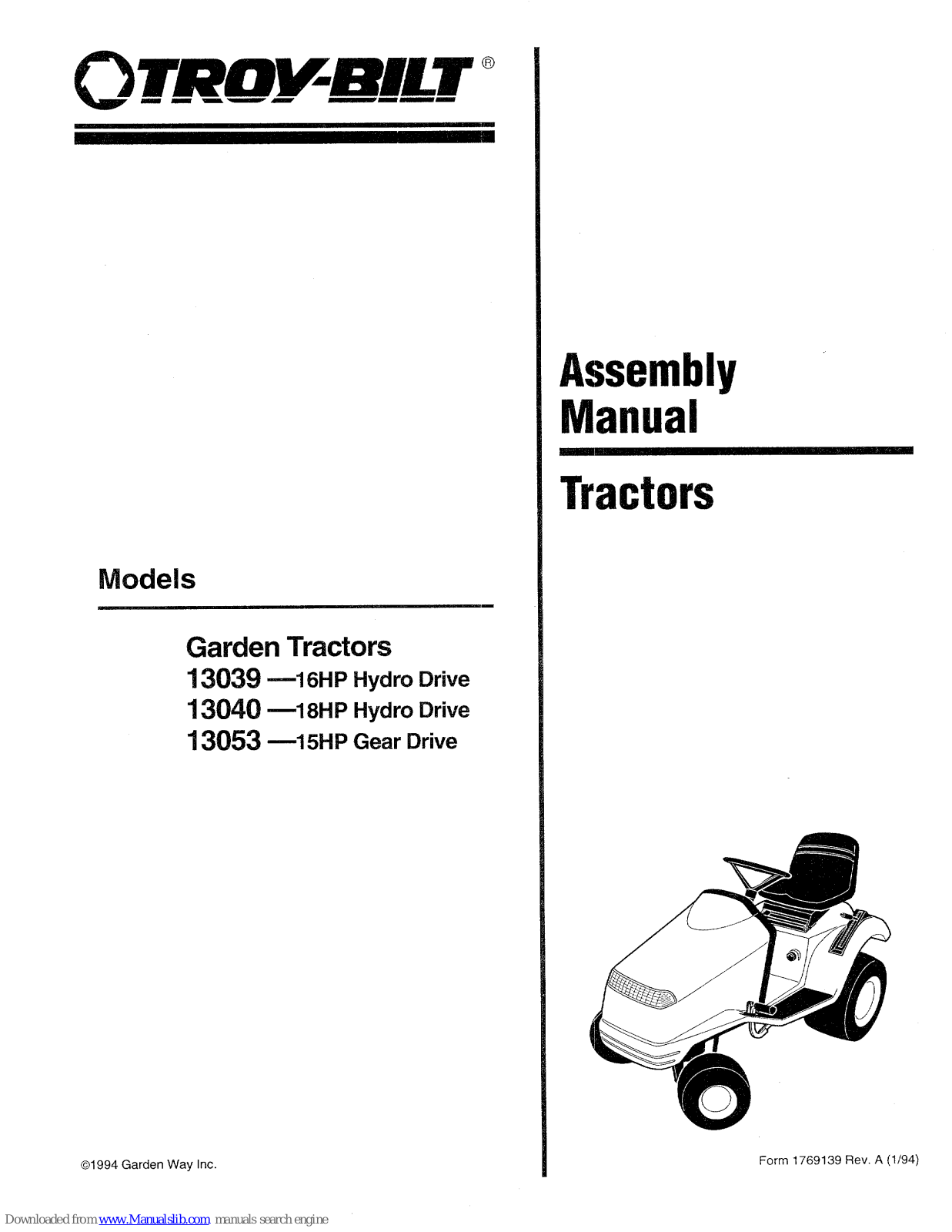 Troy-Bilt 13040-18HP, 13053-15HP, 13039, 13040, 13053 Assembly Manual