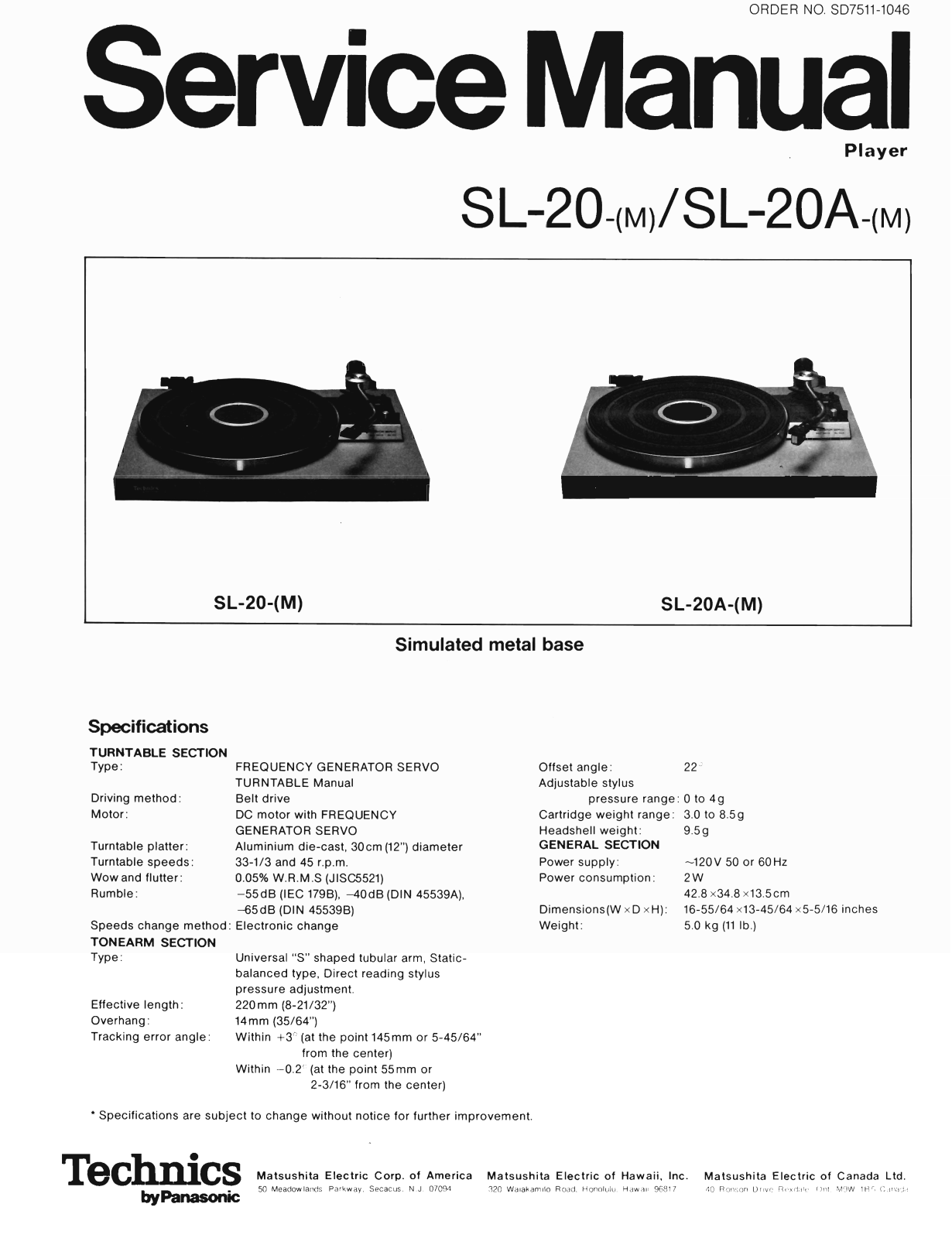 Technics SL-20, SL-20-A Service manual