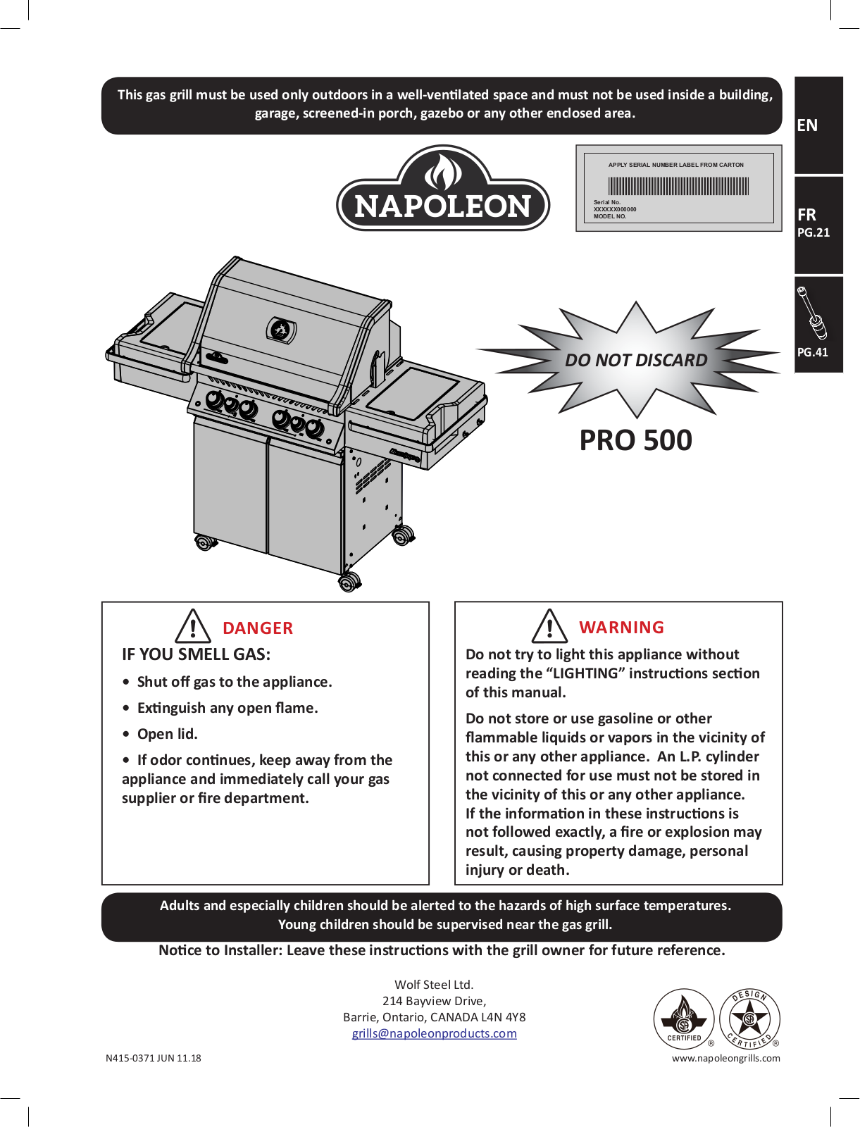 Napoleon PRO500RSIBNSS3 User Manual