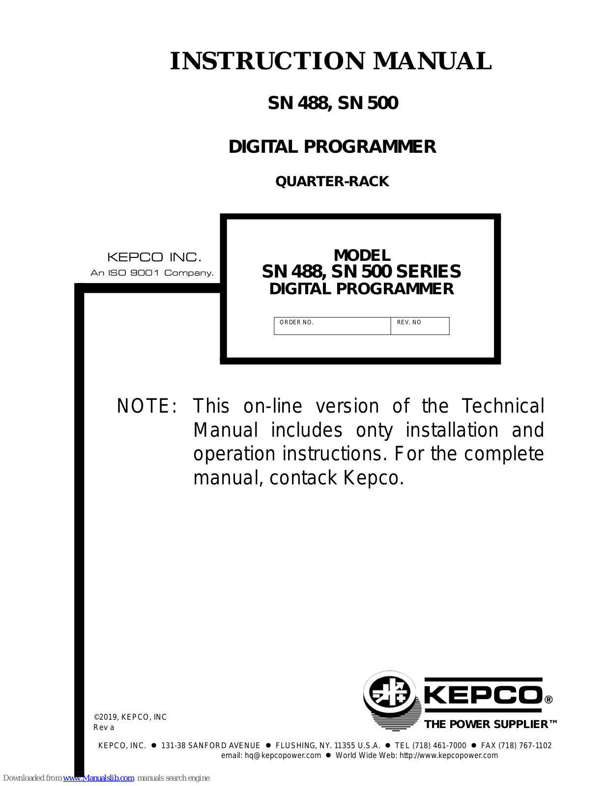 KEPCO SN488 Series, SN488-122, SN500 Series, SN488-031, SN488-032 Instruction Manual