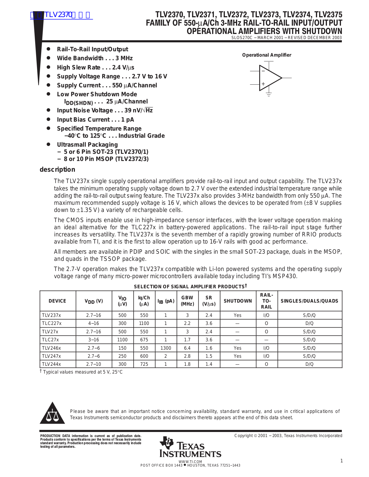 TEXAS INSTRUMENTS TLV2370 Technical data