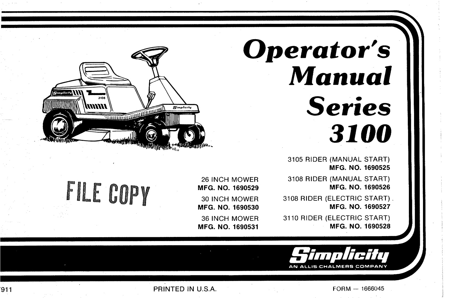 Simplicity Series 3100, 3105, 3108, 3110 Operator's Manual