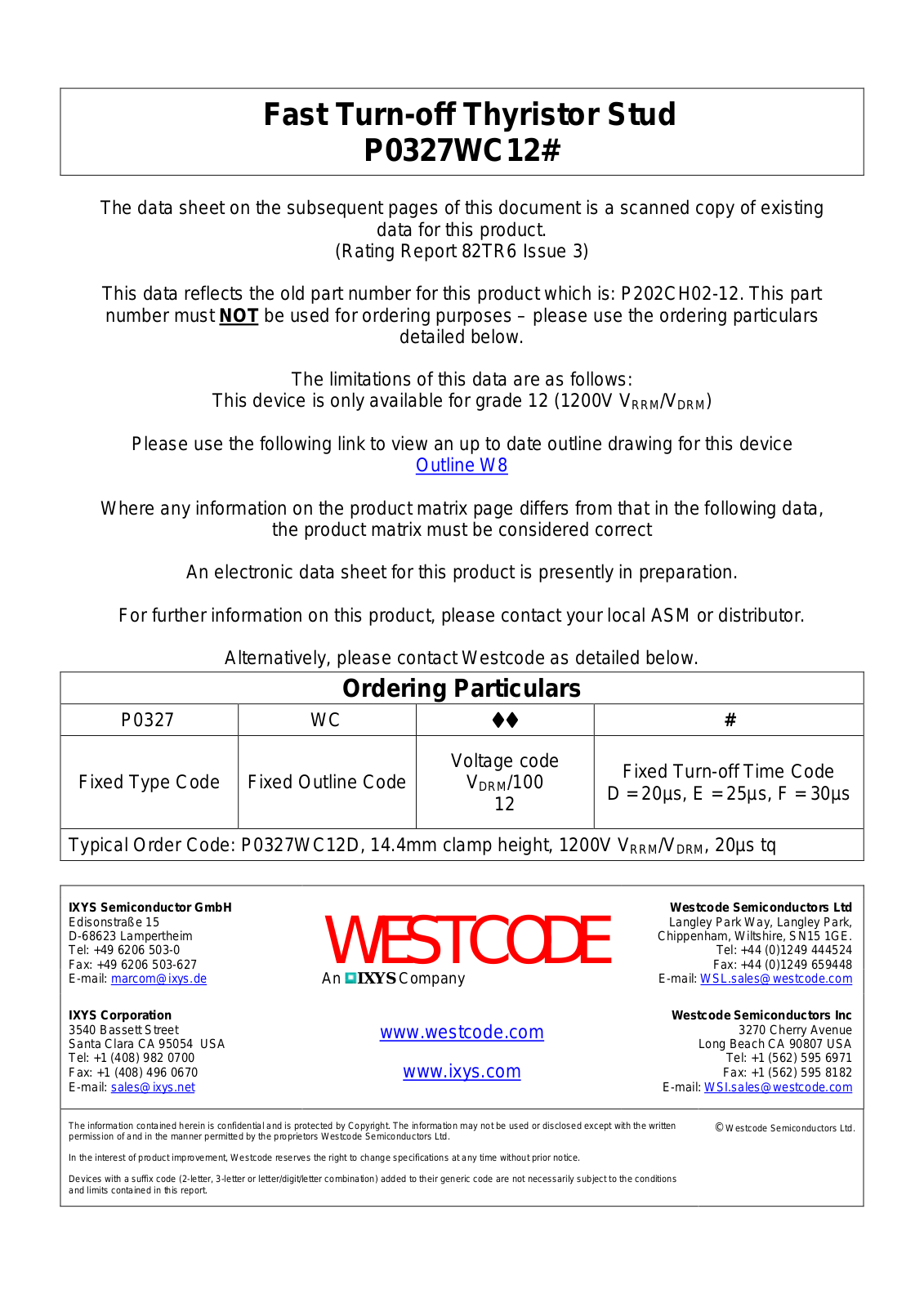 Westcode Semiconductors P0327WC12# Data Sheet