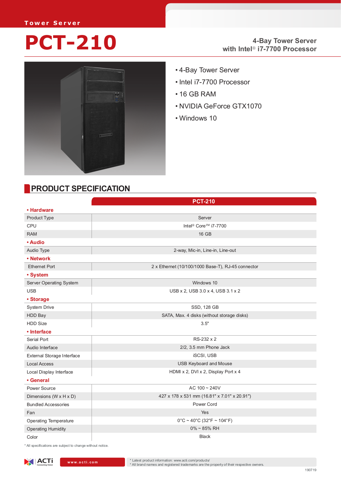 ACTi PCT-210 Specsheet