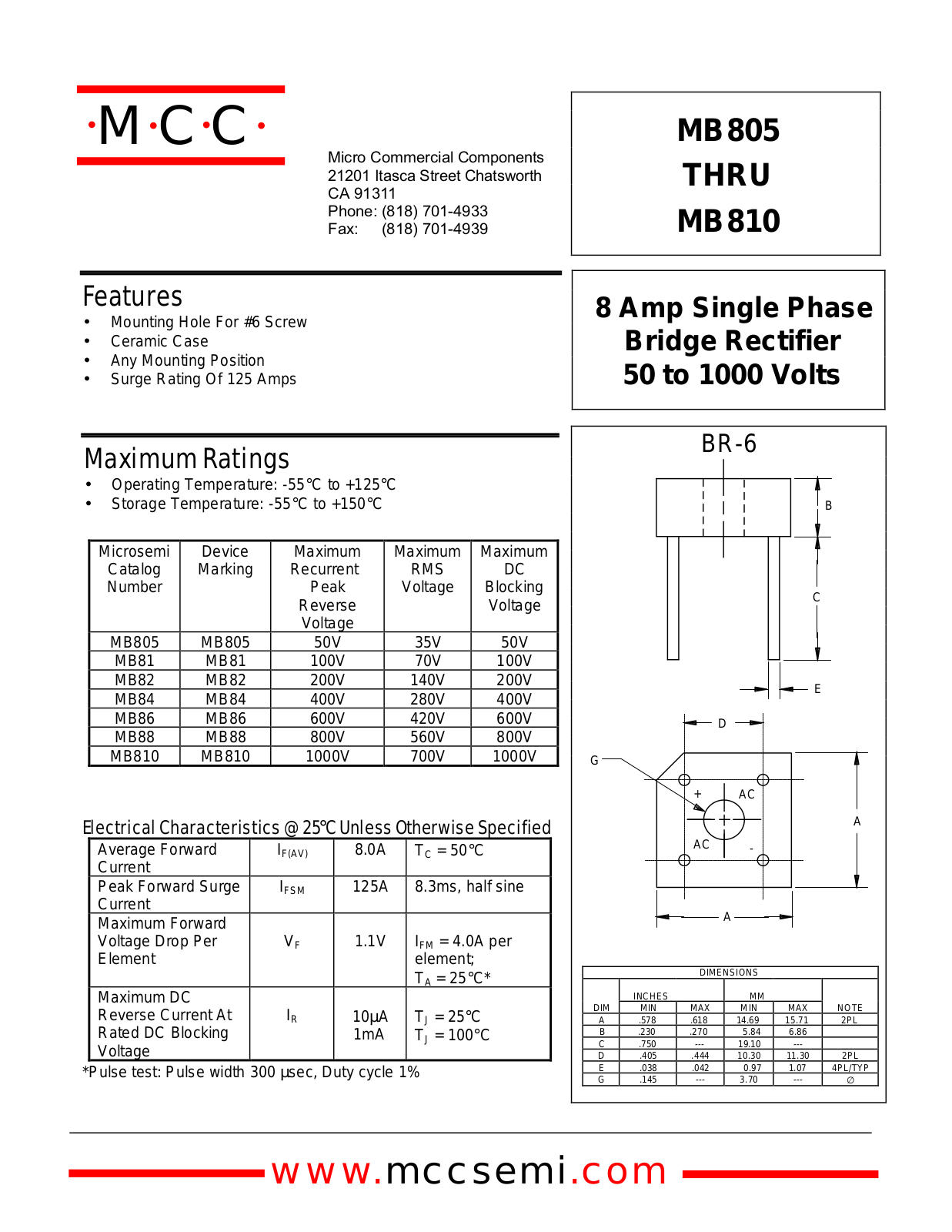 MCC MB84, MB86, MB88, MB81, MB805 Datasheet