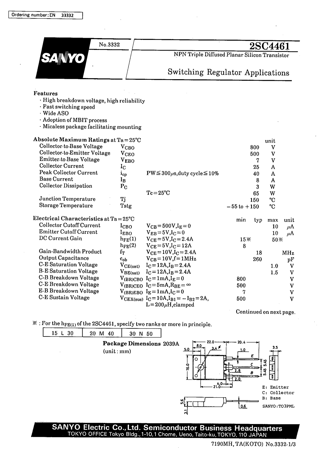 SANYO 2SC4461 Datasheet