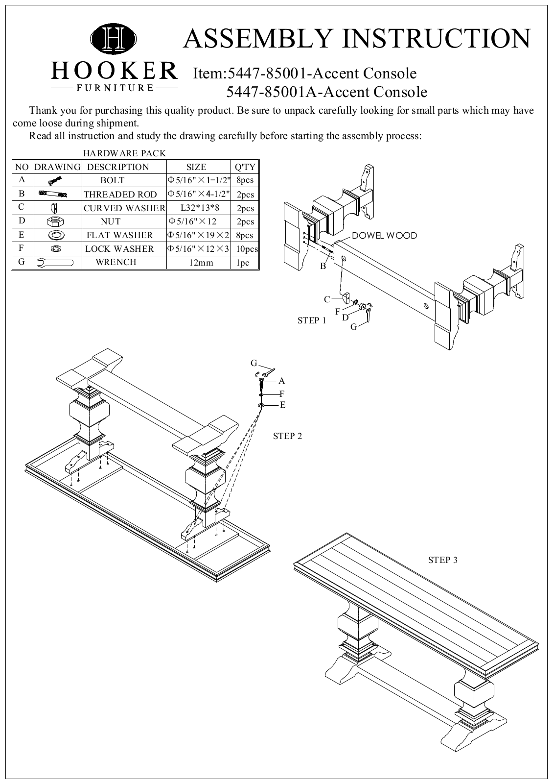 Hooker Furniture 544785001A Assembly Guide