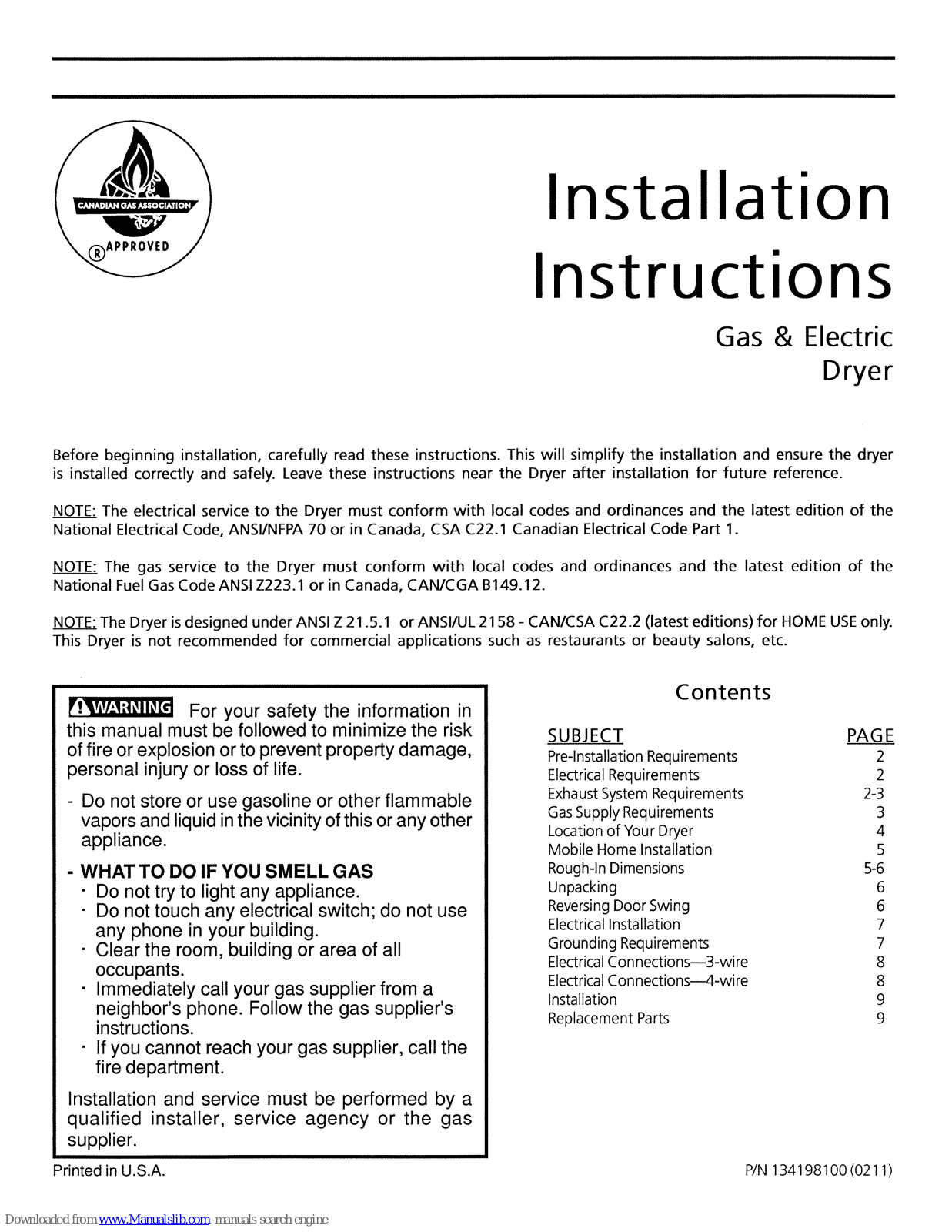 Frigidaire GLER341AS2 Installation Instructions Manual