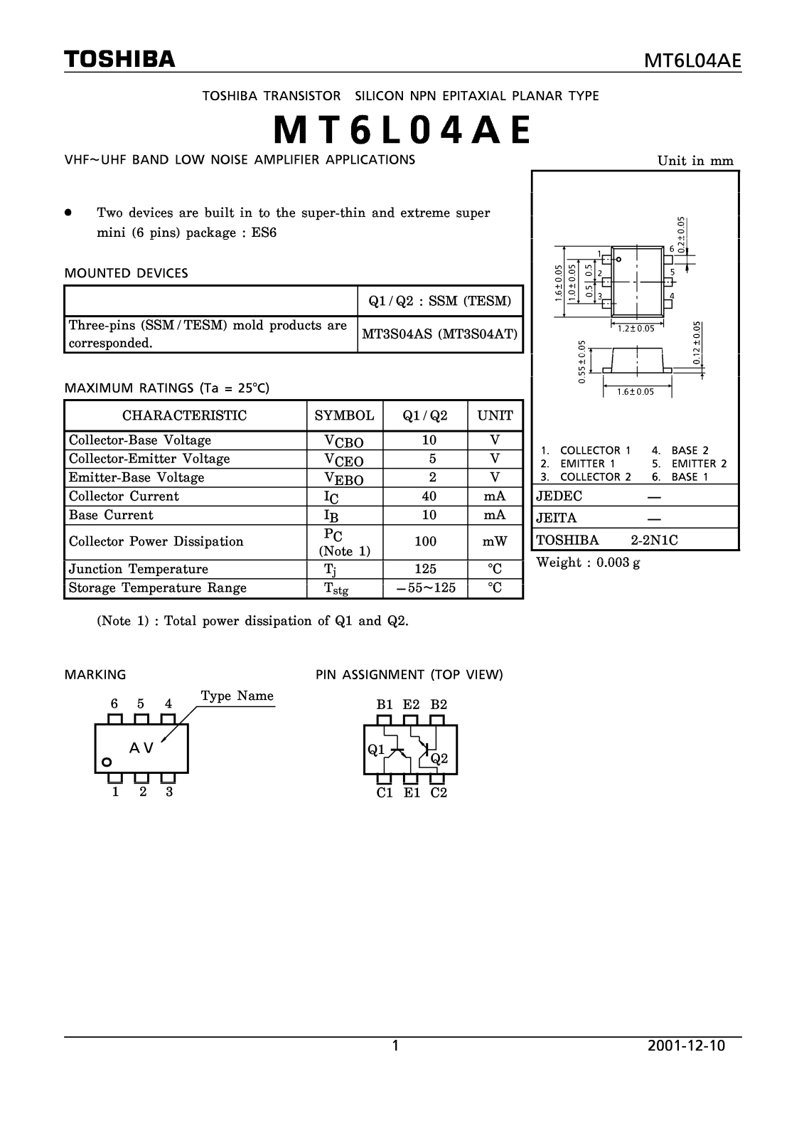 TOSHIBA MT6L04AE Technical data