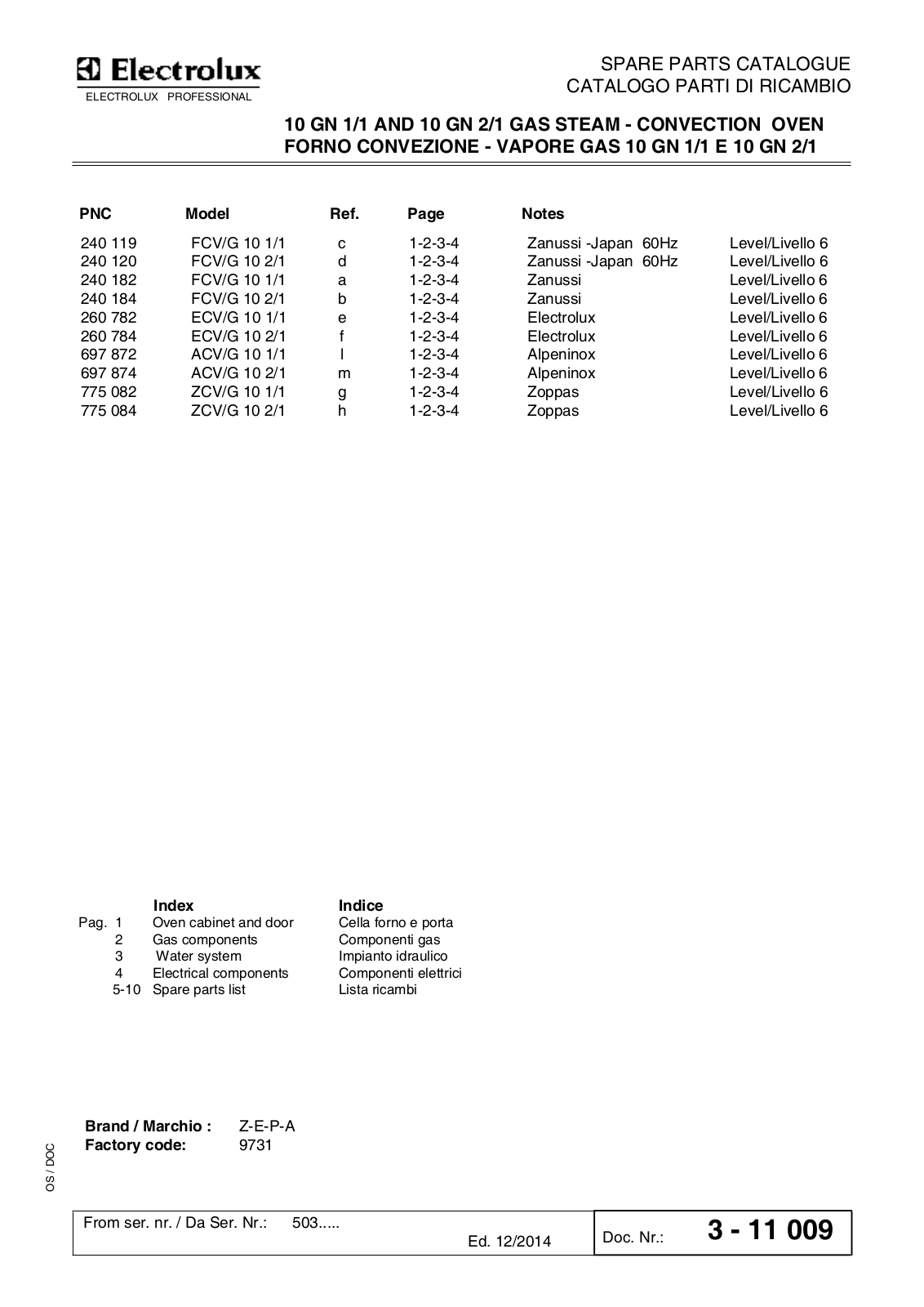 Electrolux Professional FCV-G 10 Parts Manual