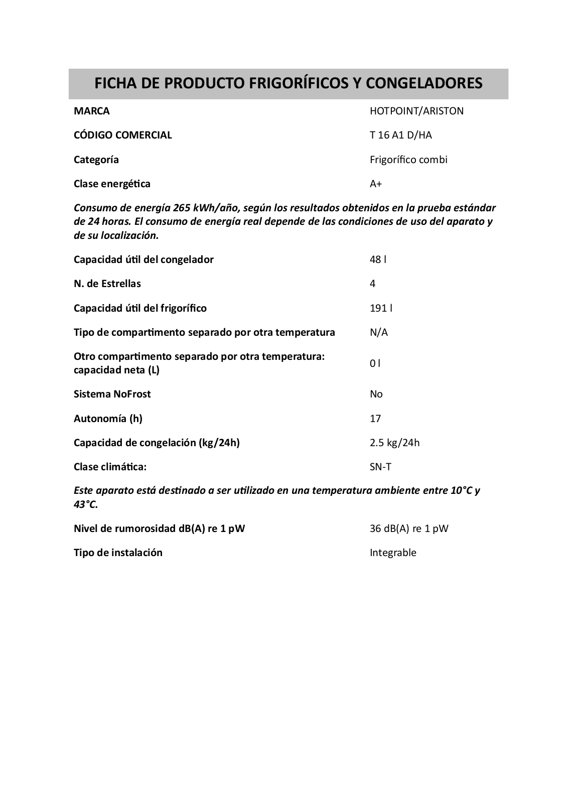 HOTPOINT/ARISTON T 16 A1 D/HA product sheet