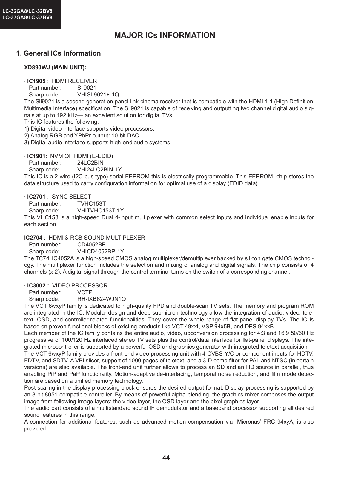 SHARP LC-32GA8E, LC-32BV8, LC-37GA8, LC-37BV8 Service Manual