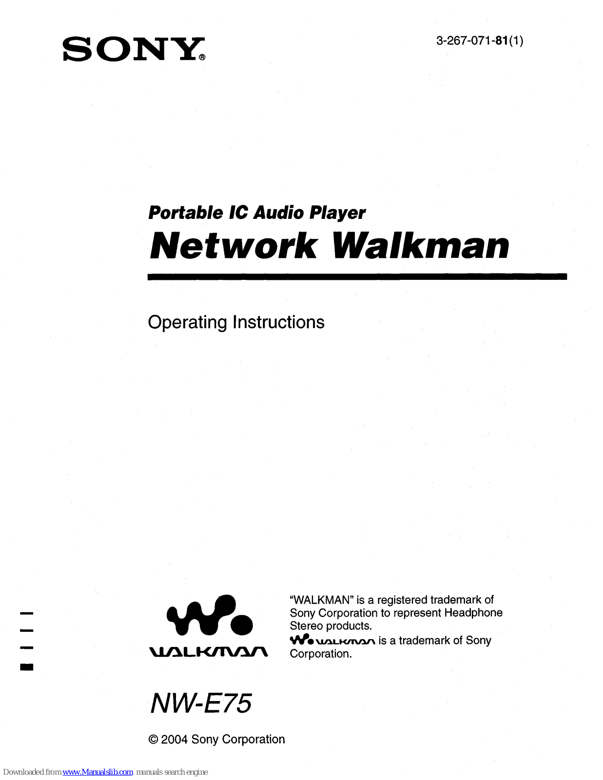 Sony NW-E75 Walkman Operating Instructions Manual