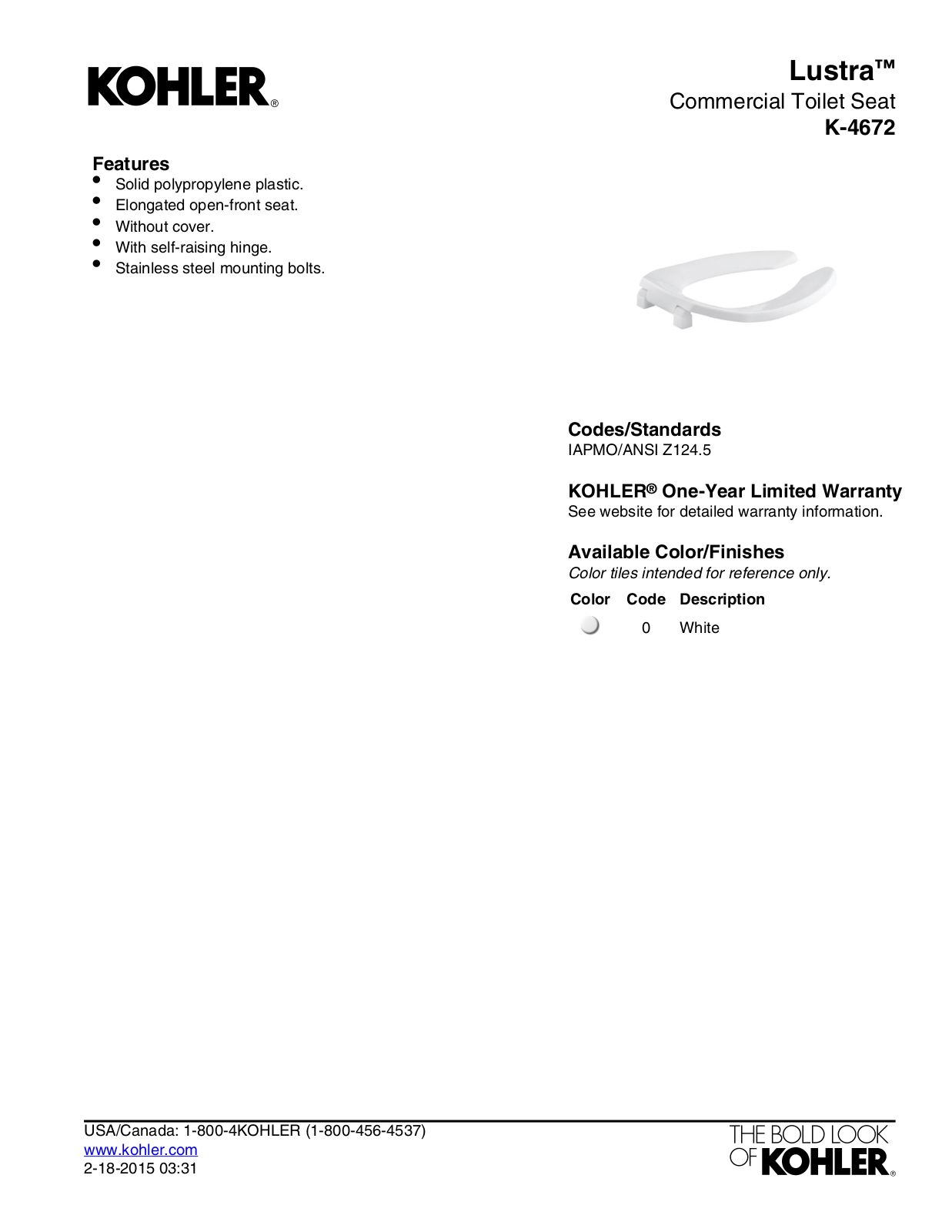 Kohler KOH3732 Specifications - ManualMachine.com