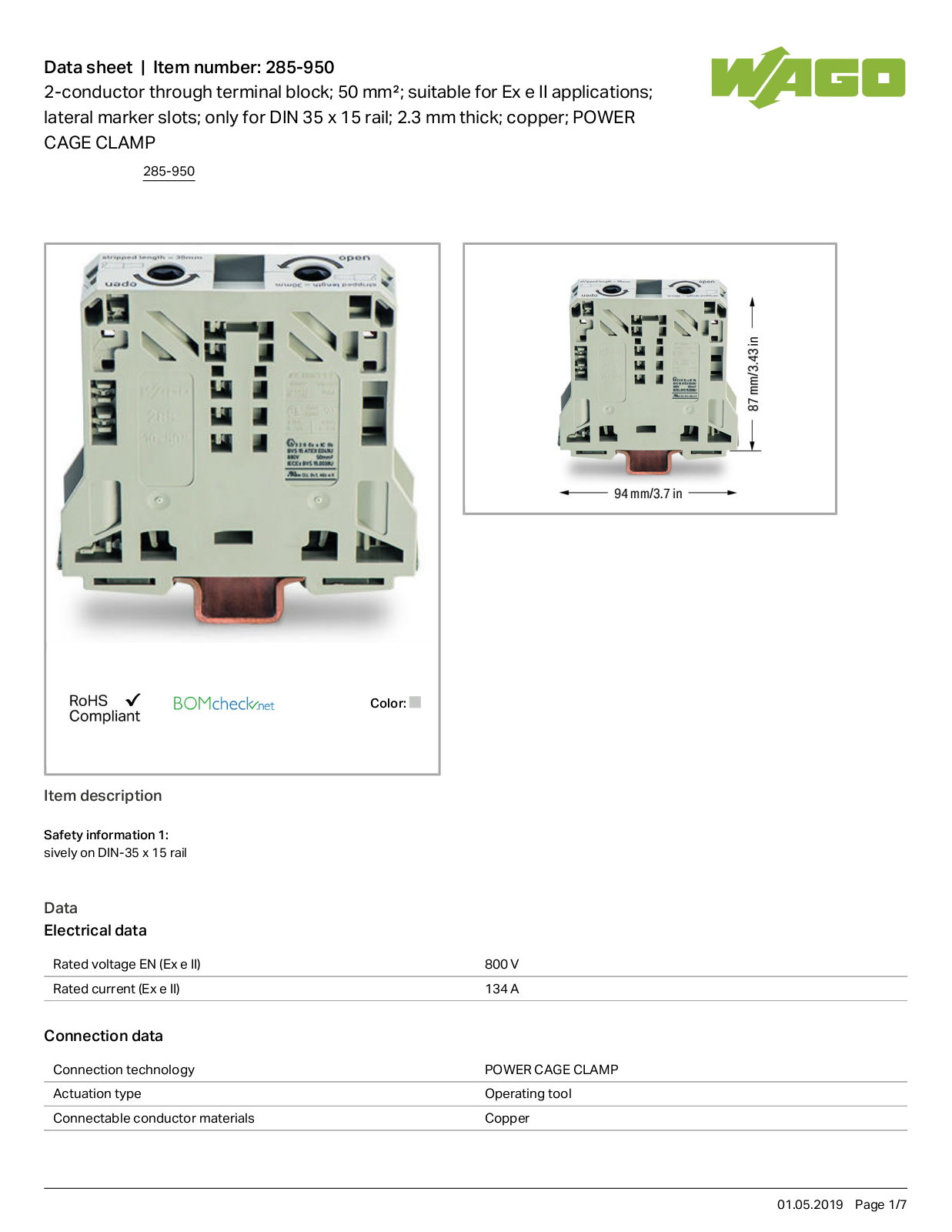 Wago 285-950 Data Sheet