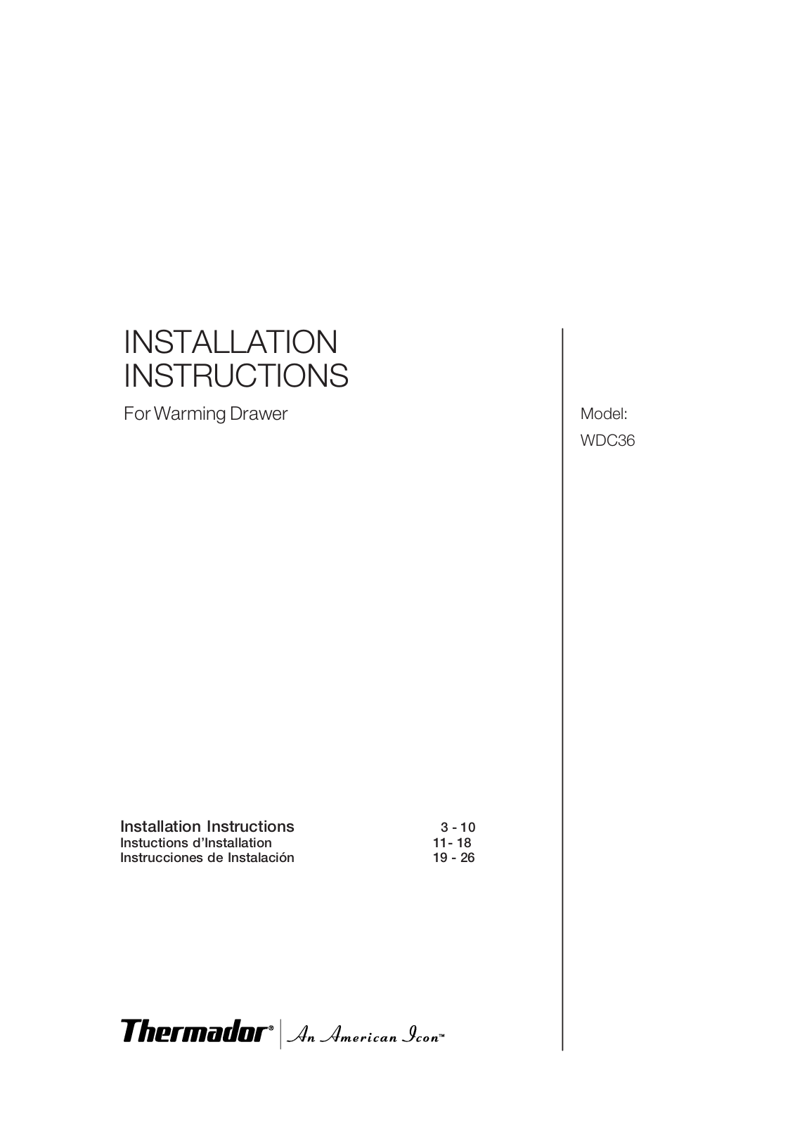 Thermador WDC36 Installation Instruction