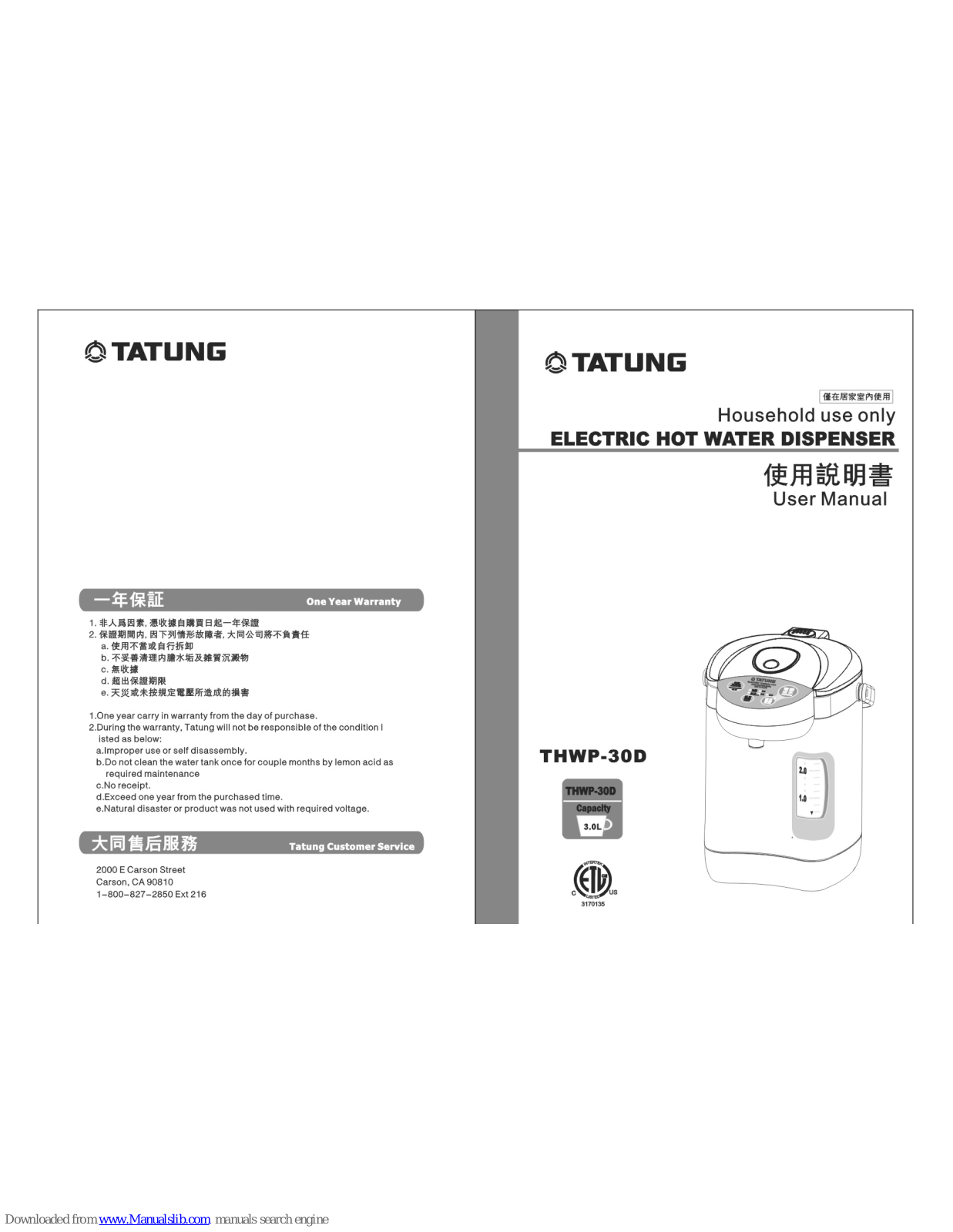 Tatung THWP-30D User Manual