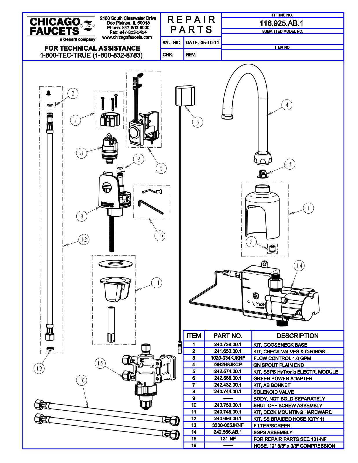 Chicago Faucet 116.925.AB.1 Parts List