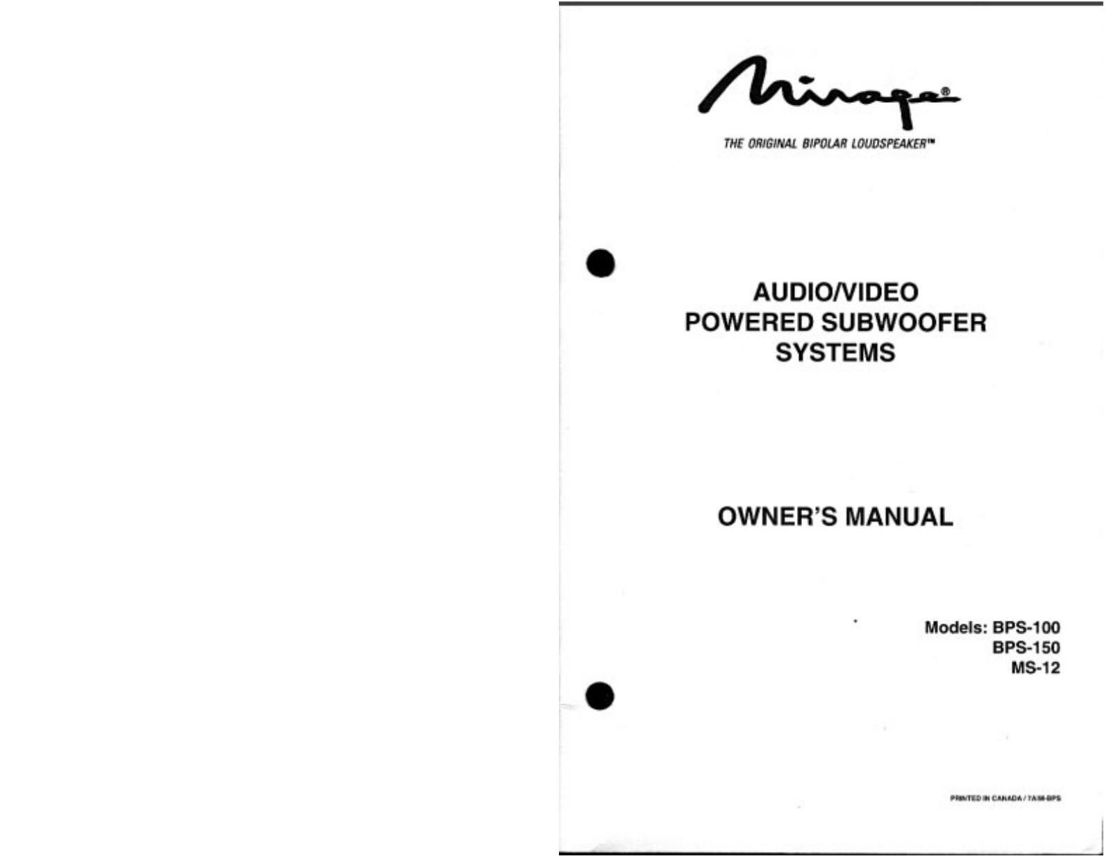 Mirage Speakers BPS100, BPS150 User Manual