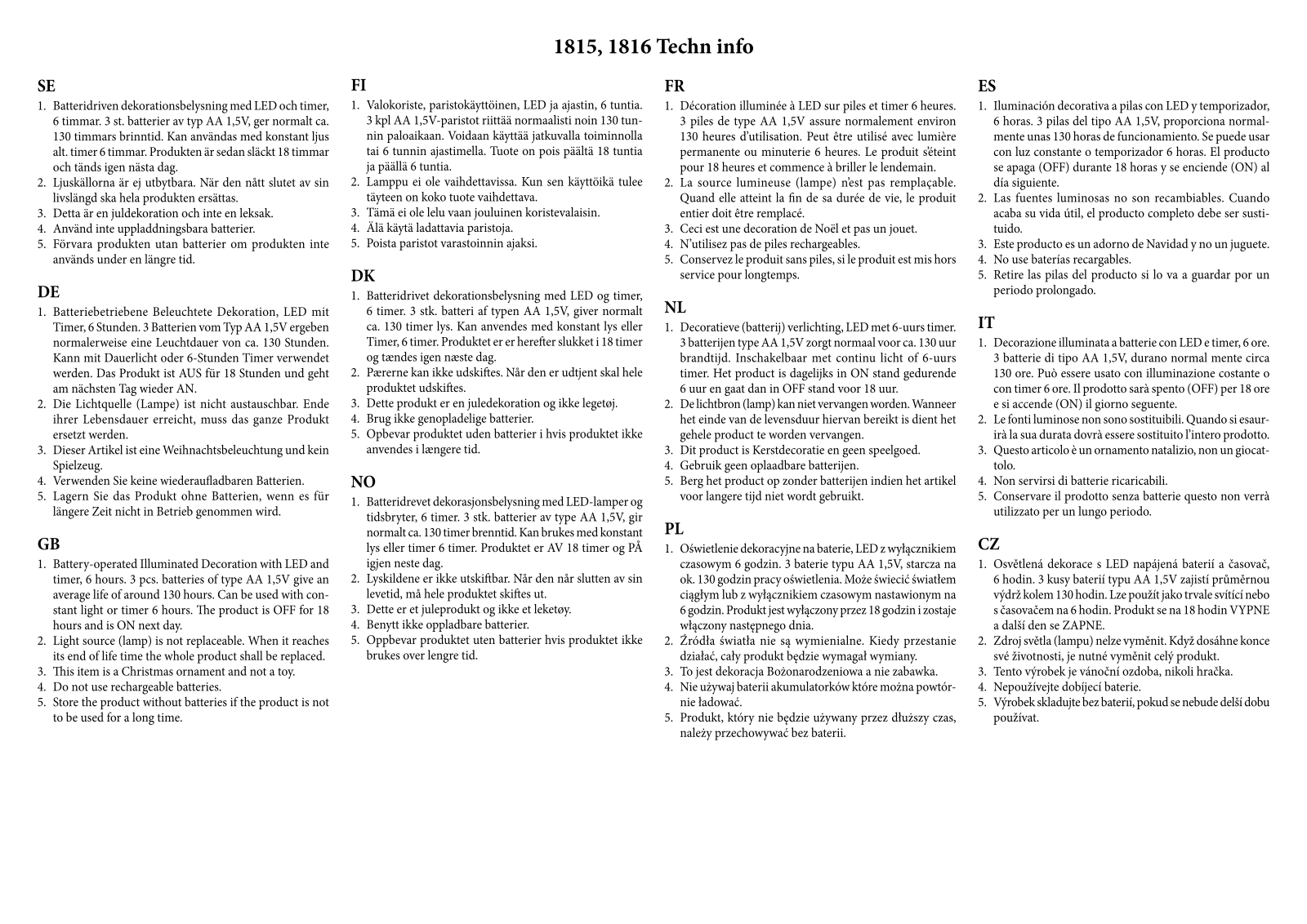 Konstsmide 1815, 1816 Technical specification