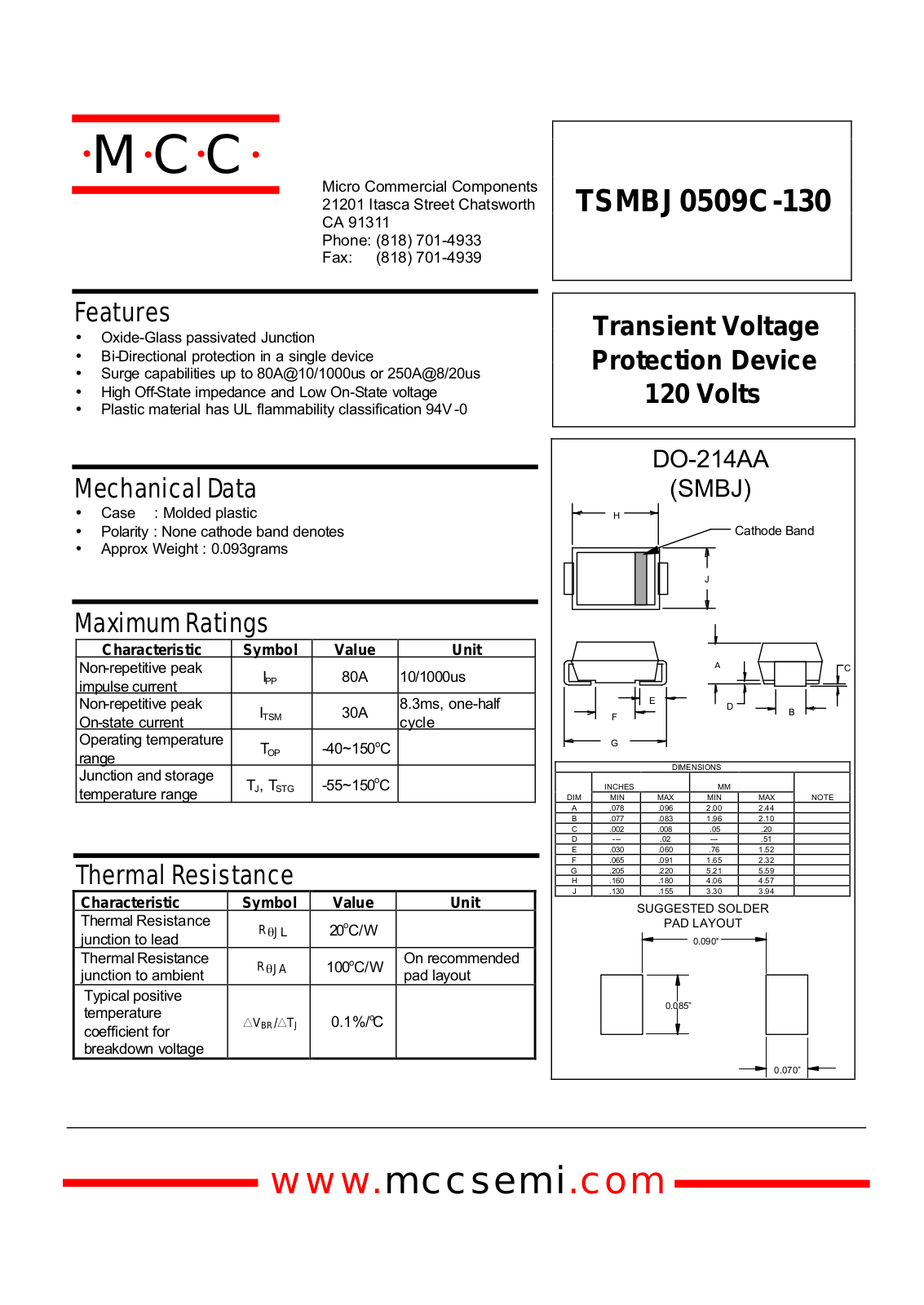 MCC TSMBJ0509C-130 Datasheet