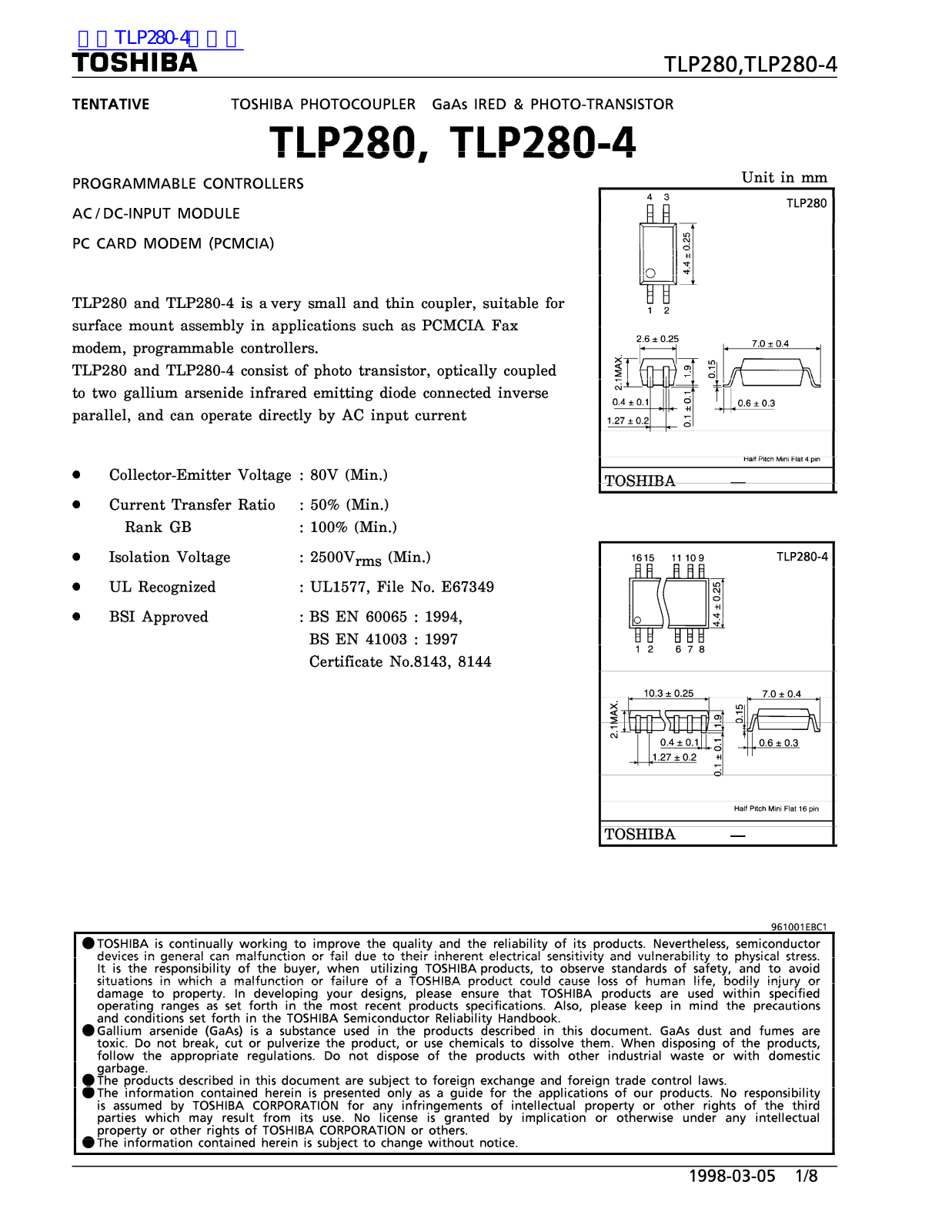 TOSHIBA TLP280, TLP280-4 Technical data