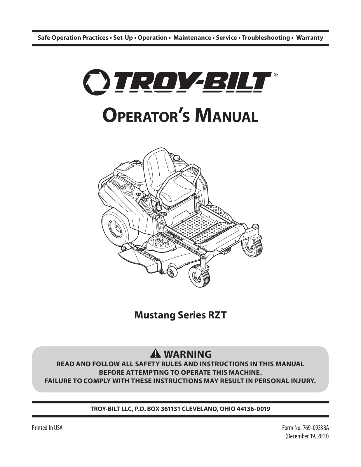 Troy-Bilt Mustang Series RZT, Mustang RZT Series Operator's Manual