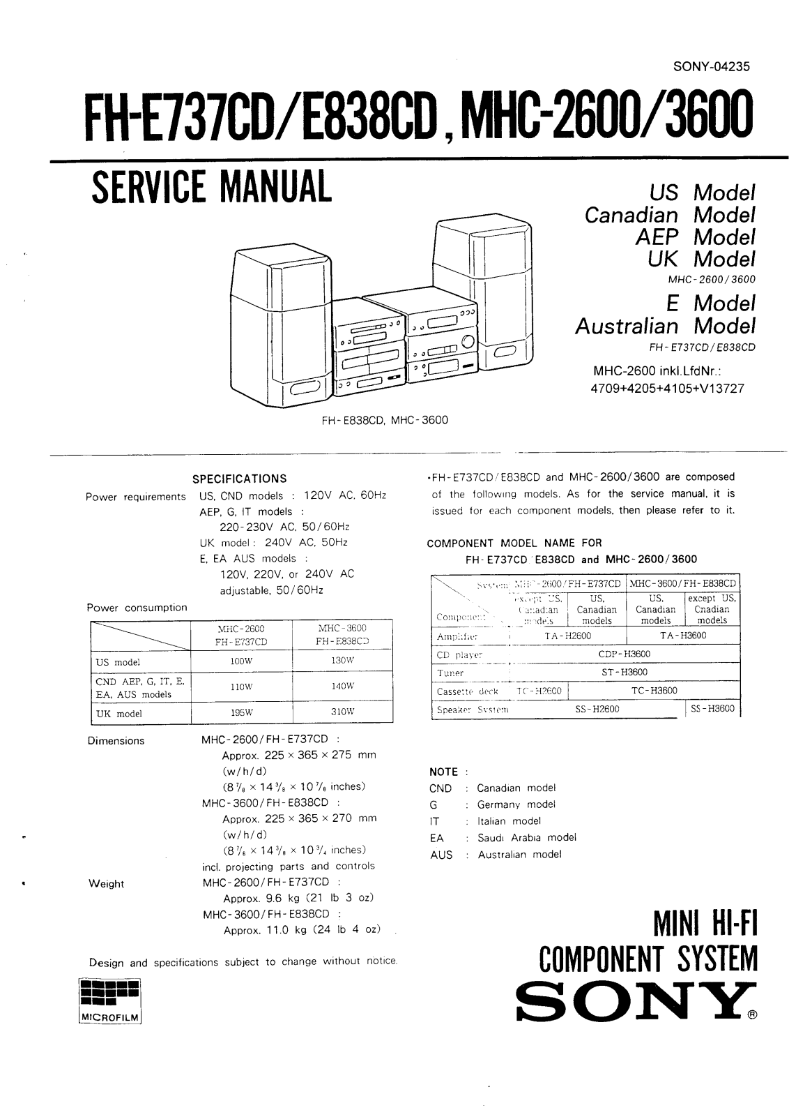 Sony FH-E737CD, MHC-3600, FH-E838CD, MHC-2600 Service Manual