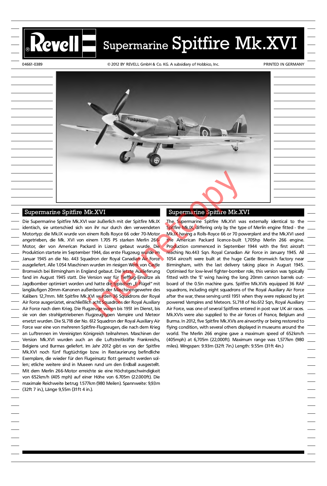 REVELL Supermarine Spitfire Mk.XVI Assembly Manual