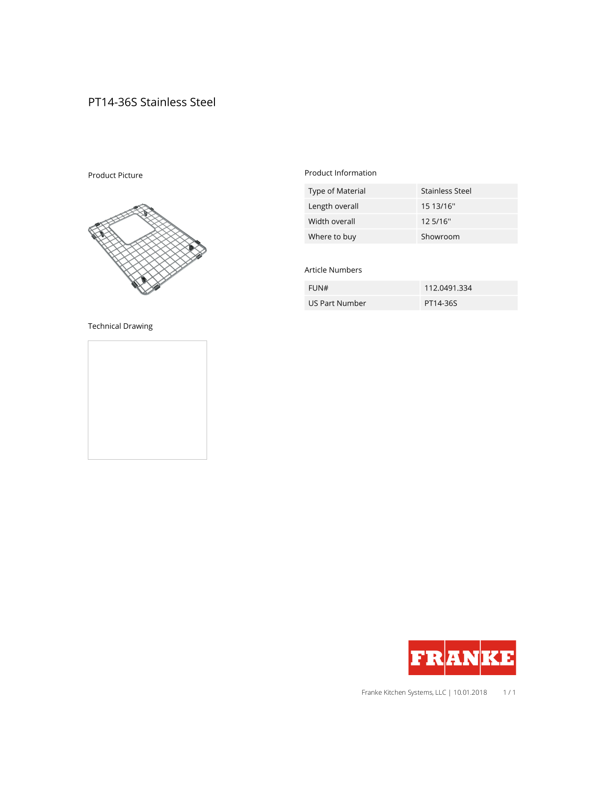 Franke PT1436S Specs