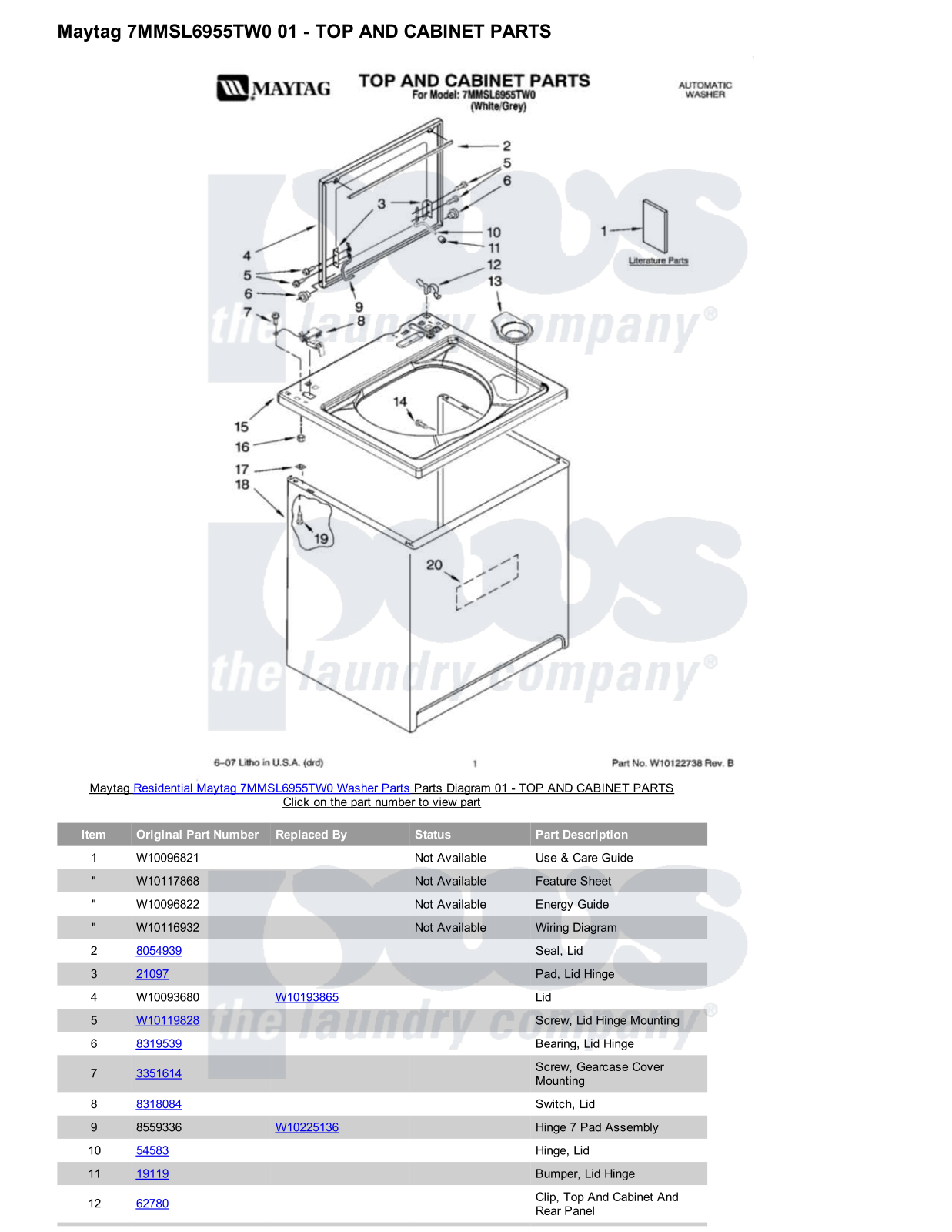 Maytag 7MMSL6955TW0 Parts Diagram