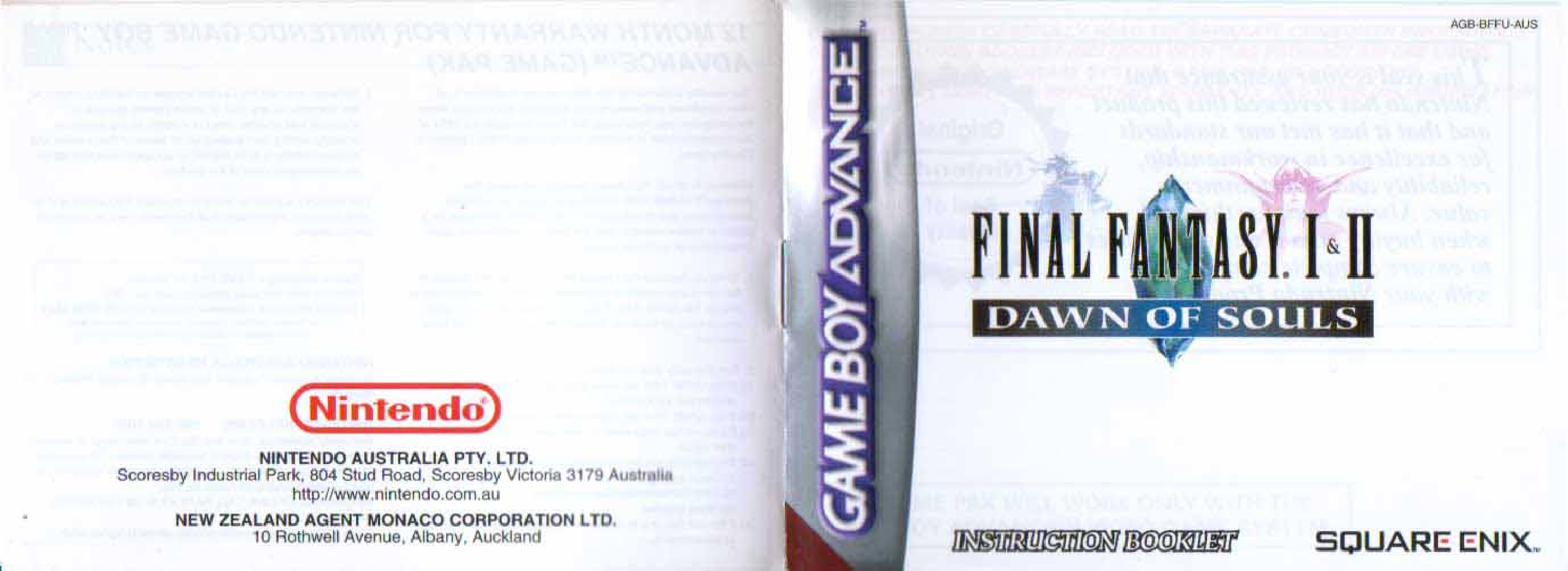 Games Nintendo GAME BOY ADVANCE FINAL FANTASY I, II-DAWN OF SOULS User Manual