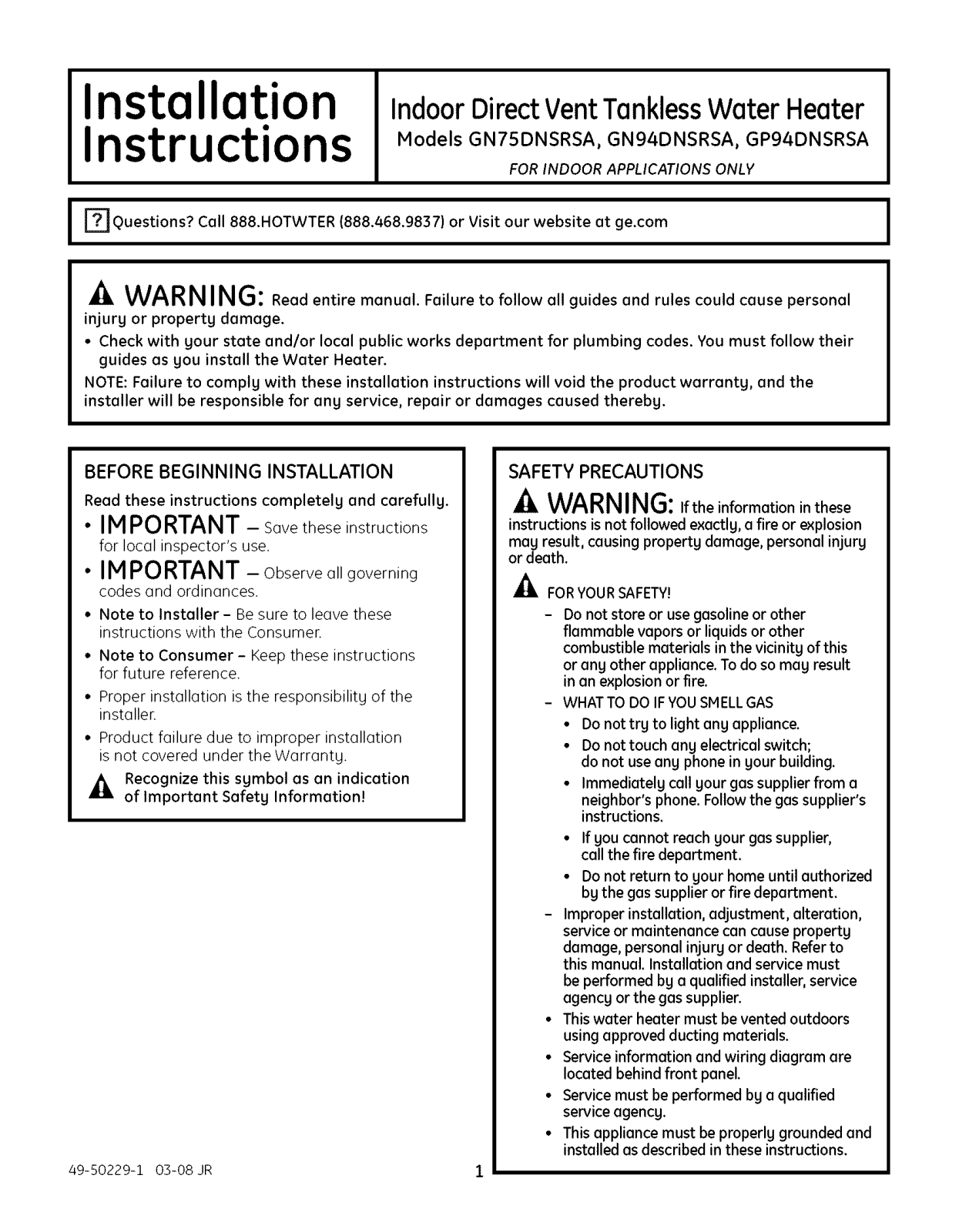 GE GN75DNSRSA01, GN94DNSRSA01, GP94DNSRSA01 Installation Guide - ManualMachine.com