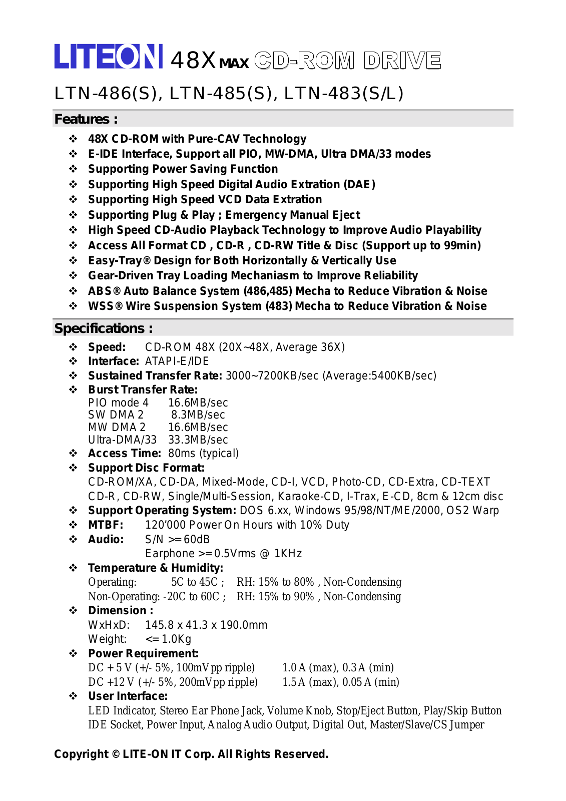 Lite-On LTN-483S-L, LTN-486S, LTN-485S User Manual