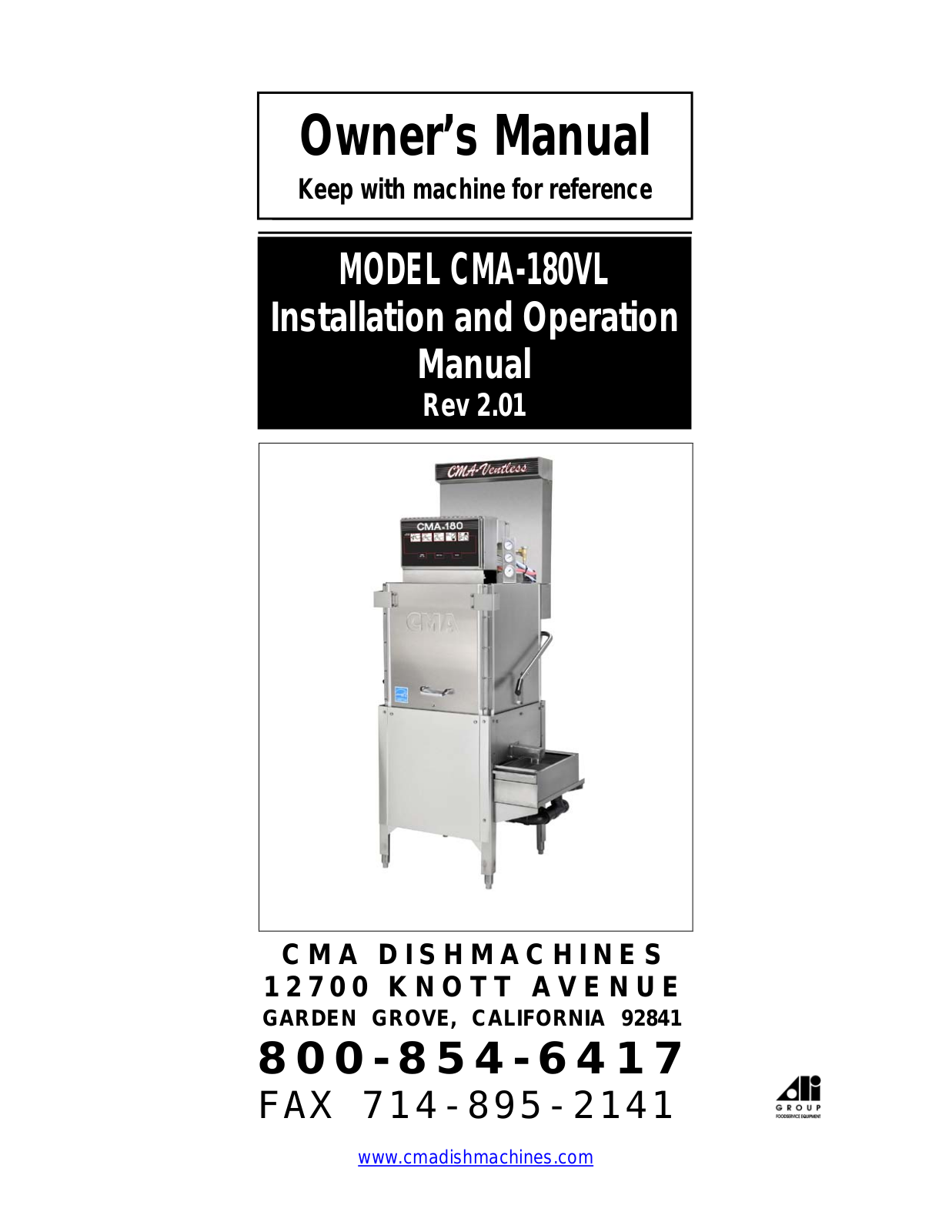 CMA Dishmachines CMA-180VL Installation  Manual