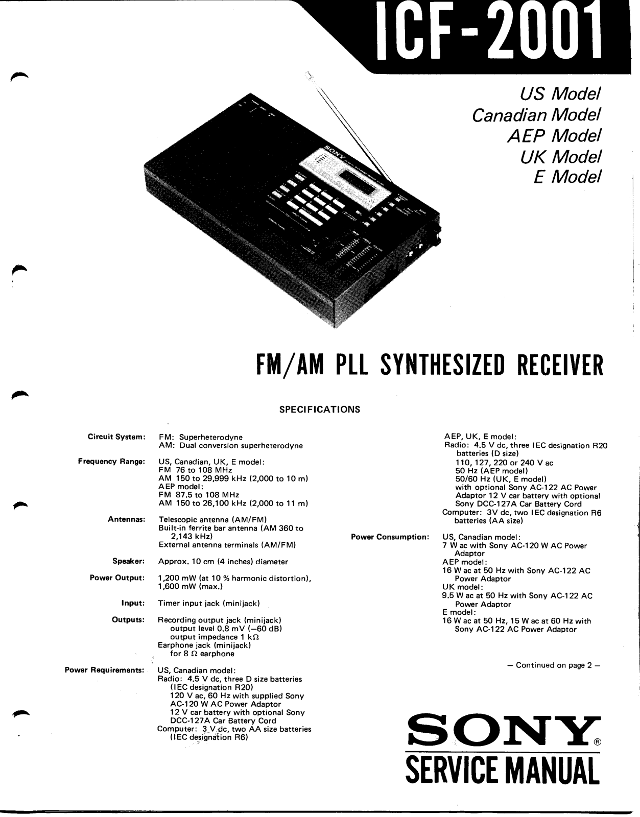 Sony ICF-2001 User Manual
