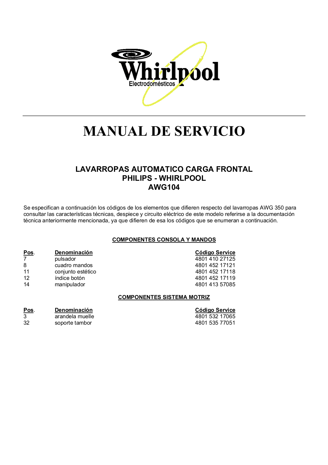 Whirlpool awg 104 Service Manual