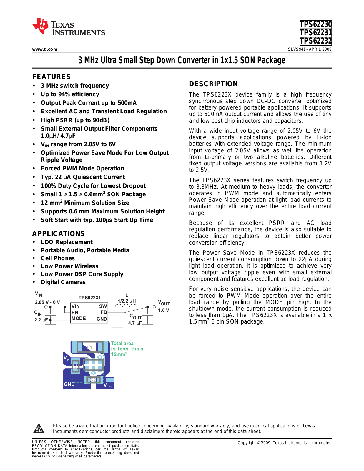 TEXAS INSTRUMENTS TPS62230, TPS62231, TPS62232 Technical data