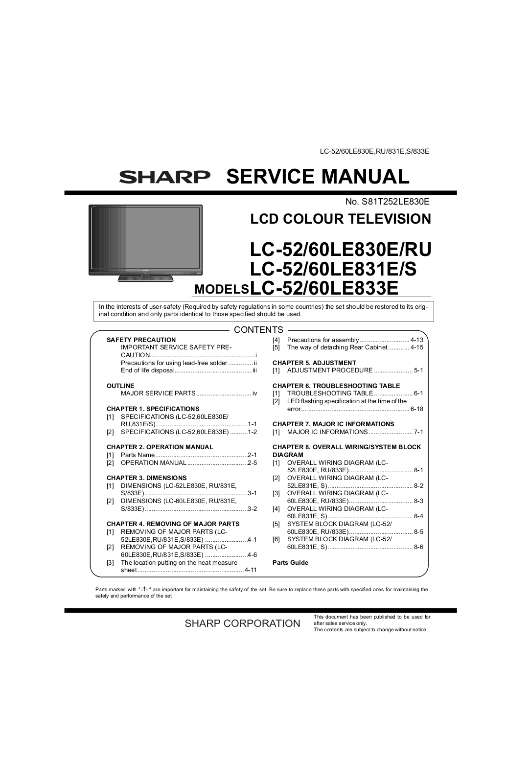 SHARP LC-52LE830E, LC-52LE830RU, LC-60LE830E, LC-60LE830RU, LC-60LE831E Service Manual