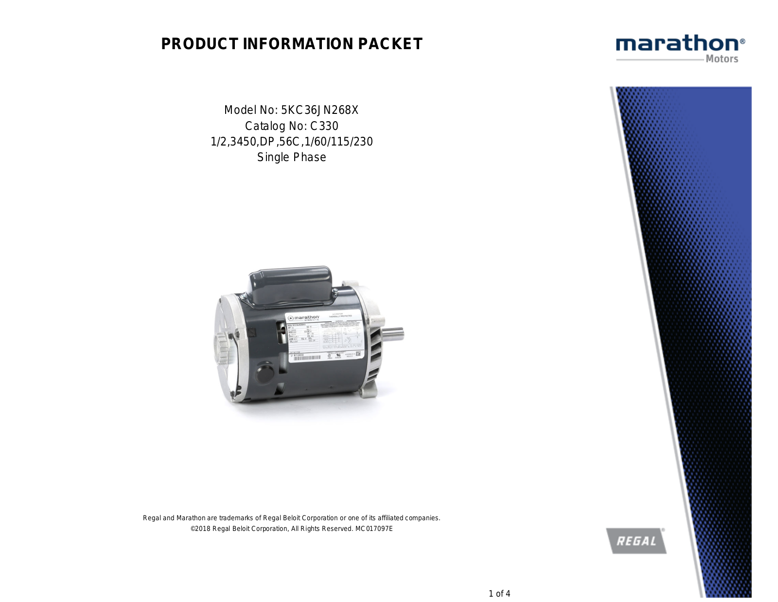 Marathon Electric 5KC36JN268X Product Information Packet