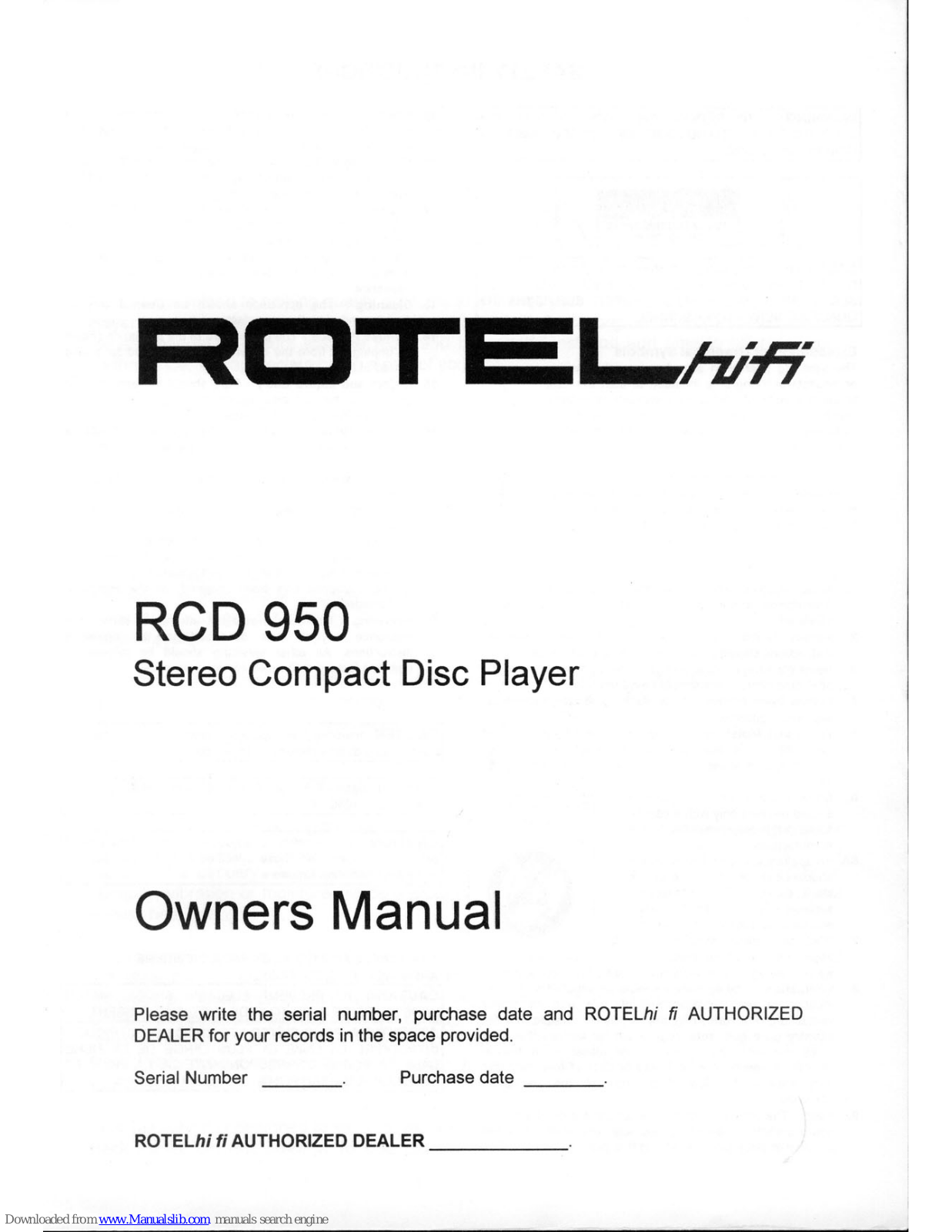 Rotel HIFI RCD 950 Owner's Manual